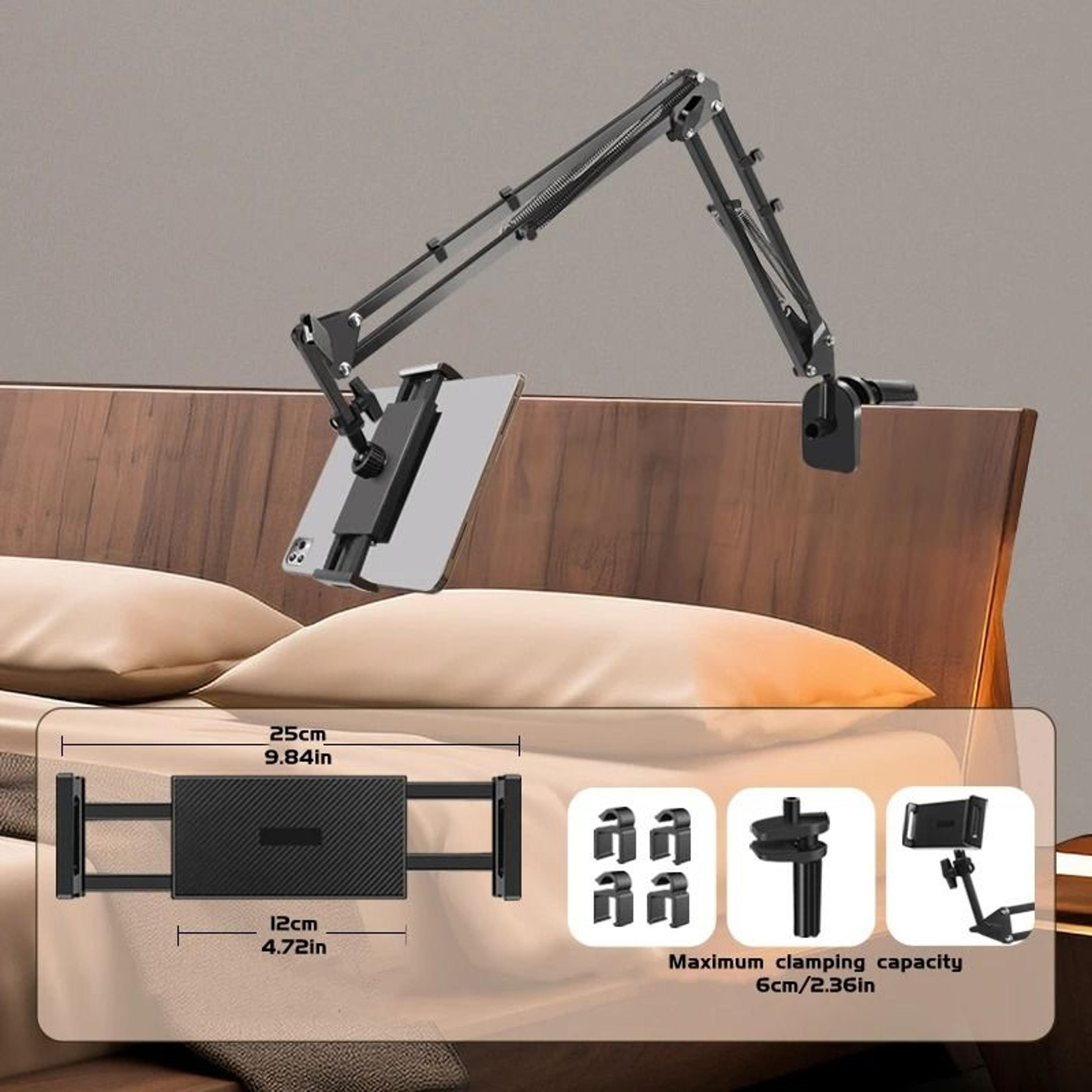 adjustable bed tablet holder with rotatable long arm clamp mount