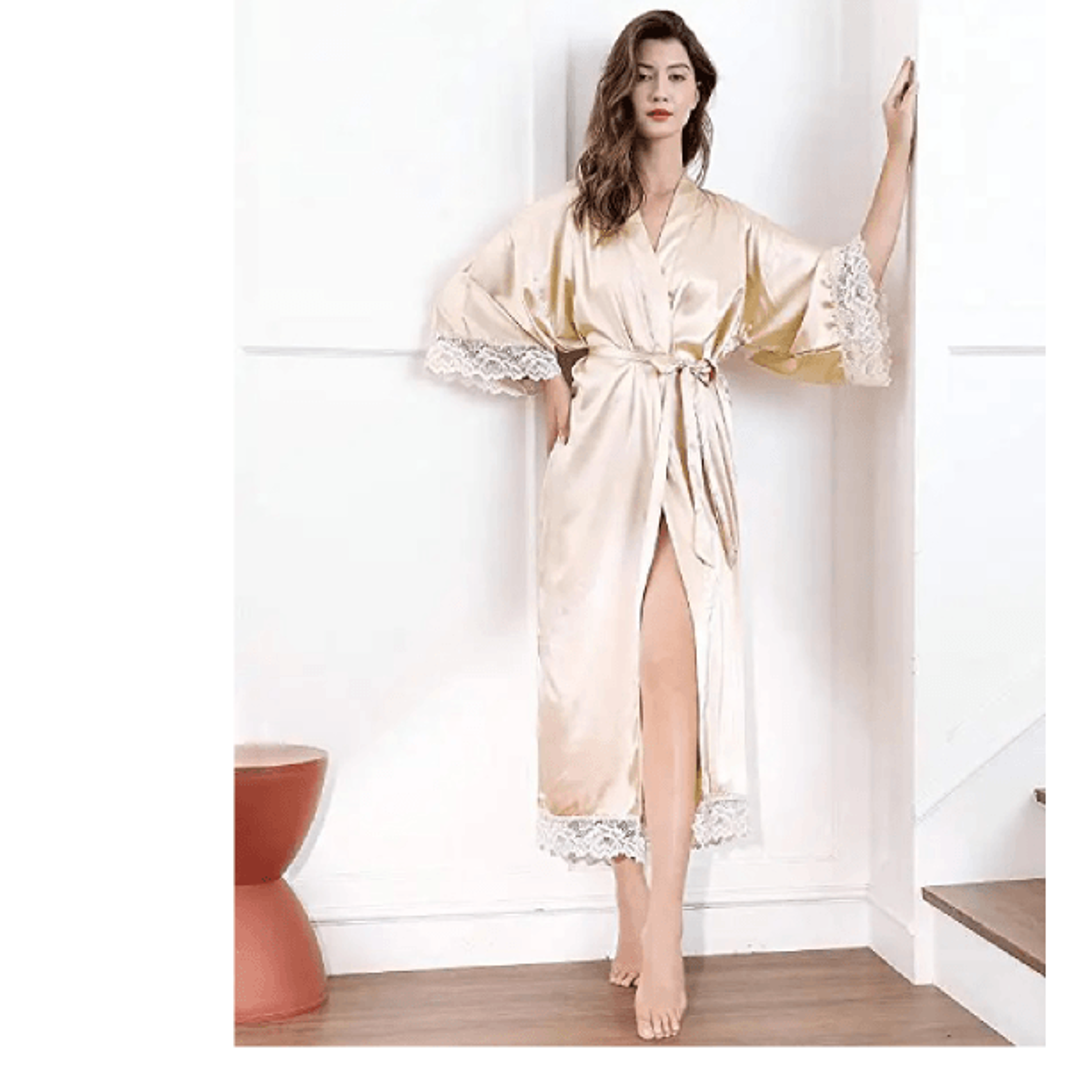 silk satin lace long wedding robe for bride and bridesmaid