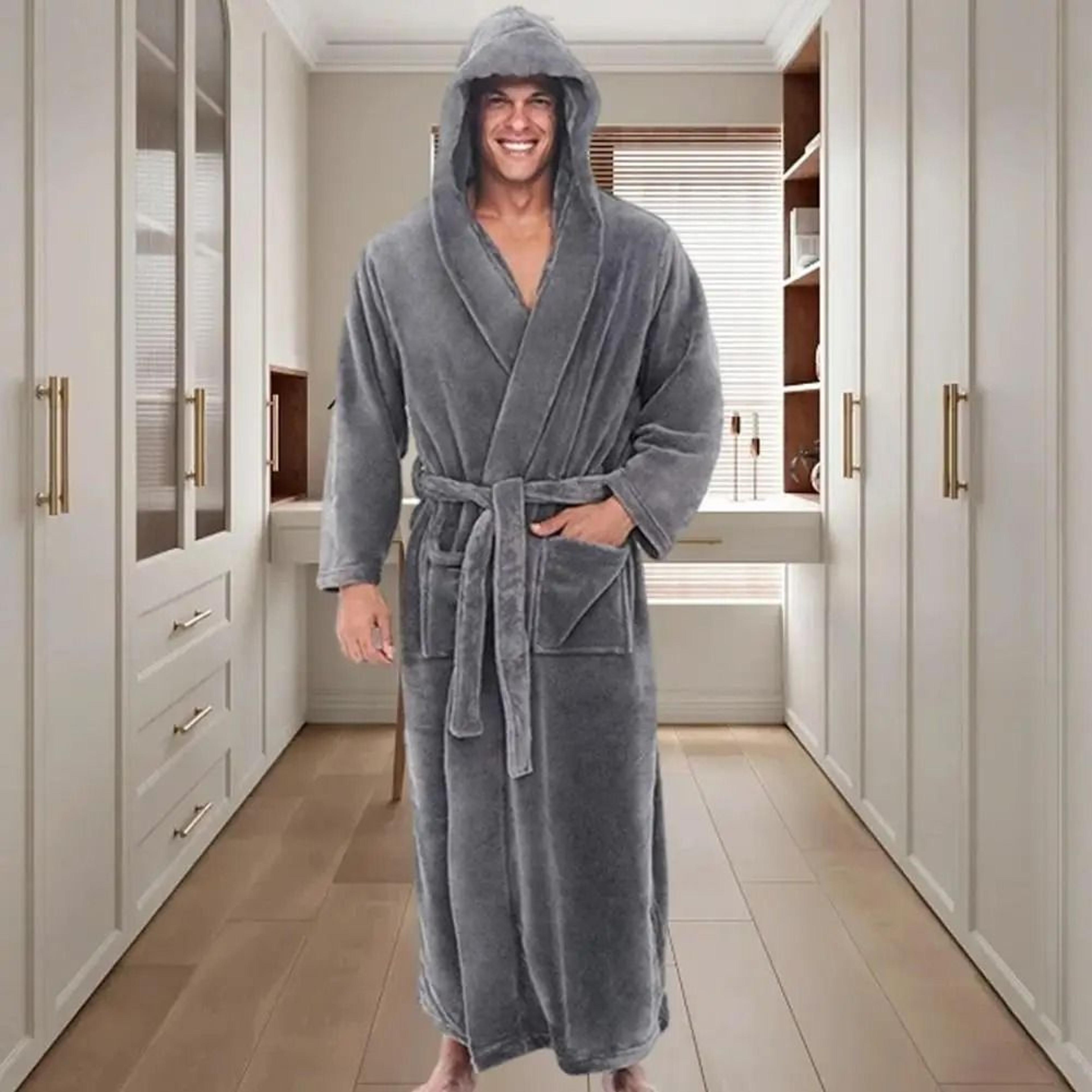 mens hooded flannel long bathrobe soft fluffy home gown