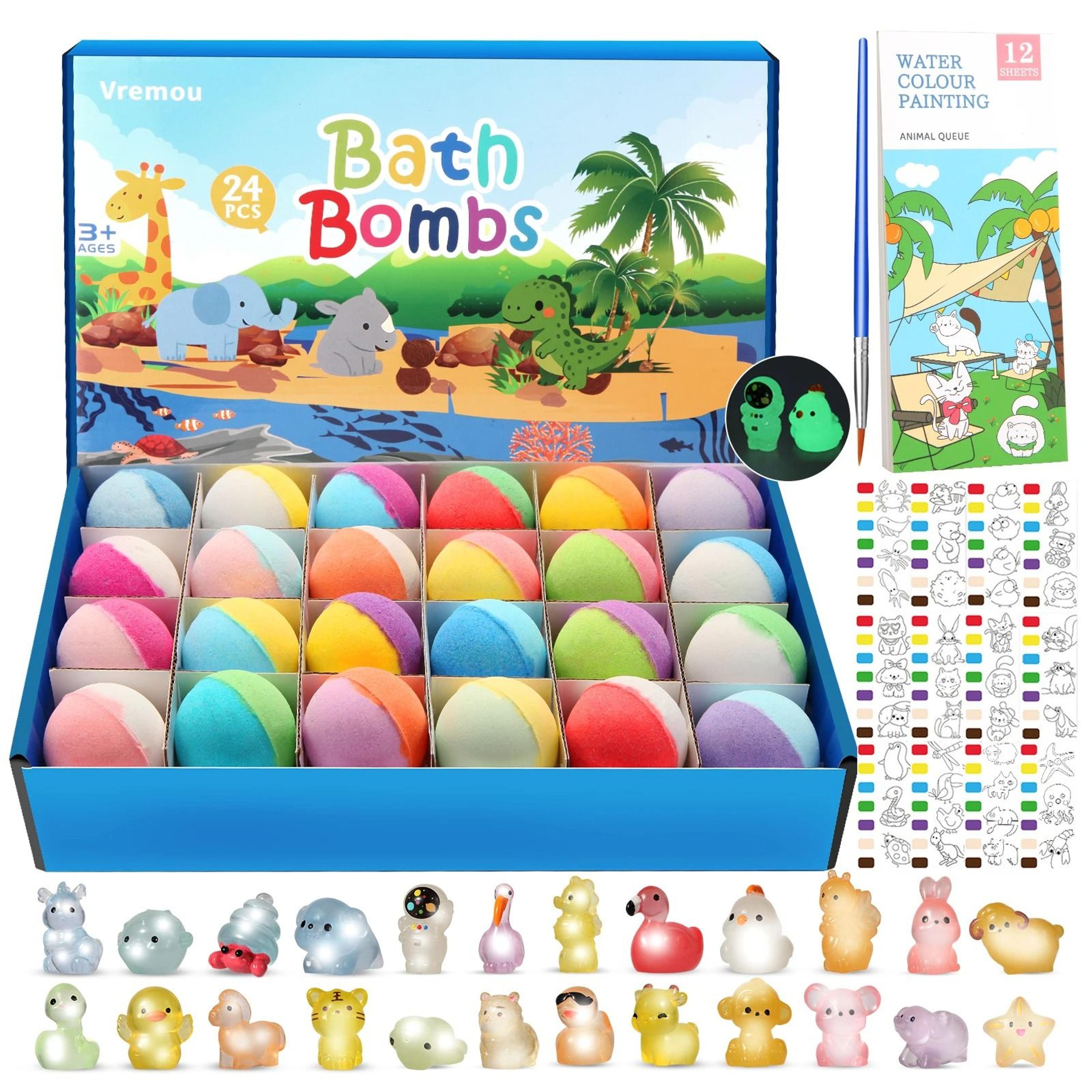 glow surprise kids bath bomb set – 24 pc natural organic bath fizzies with toys inside