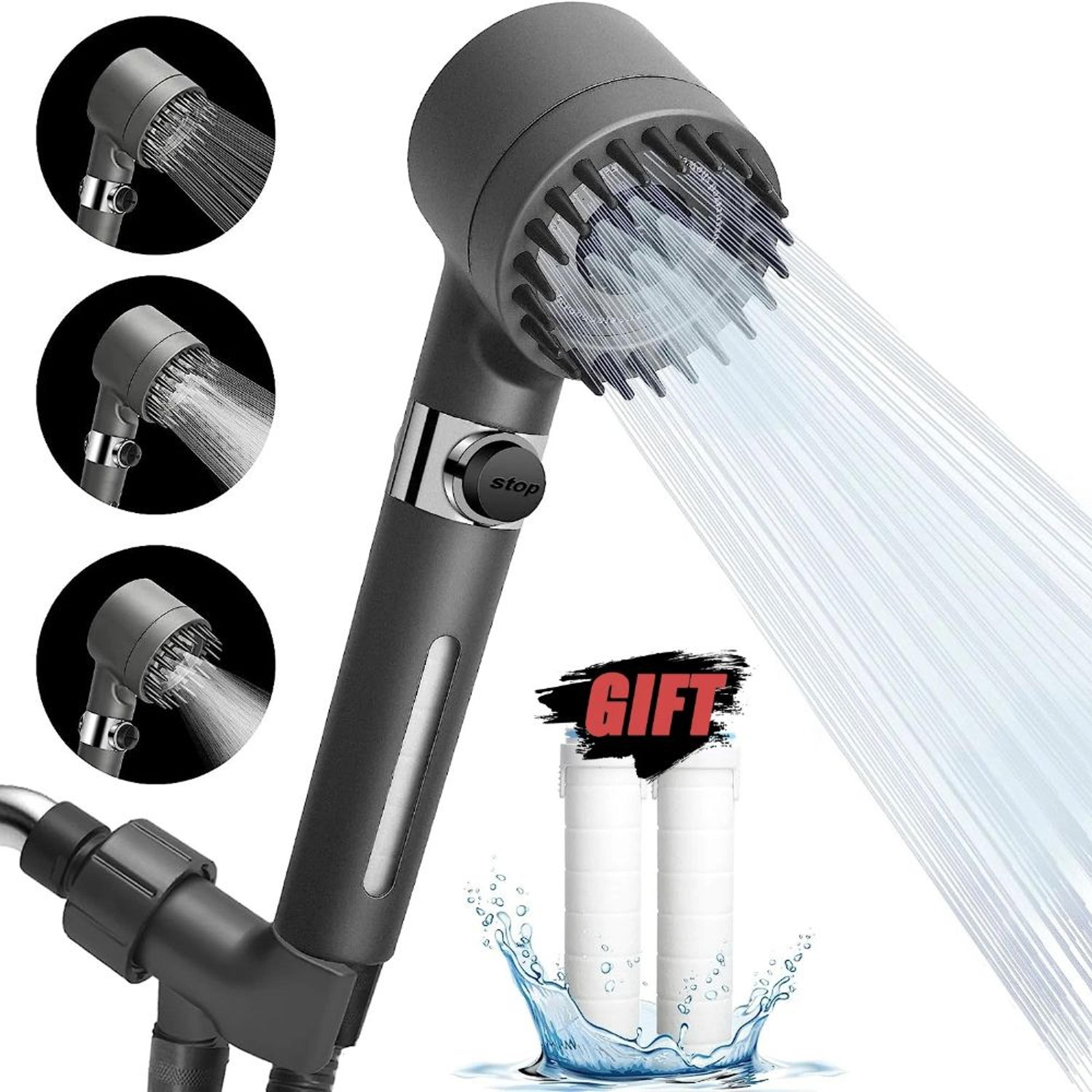 powerspa 3 mode high pressure shower head with filter and massage brush