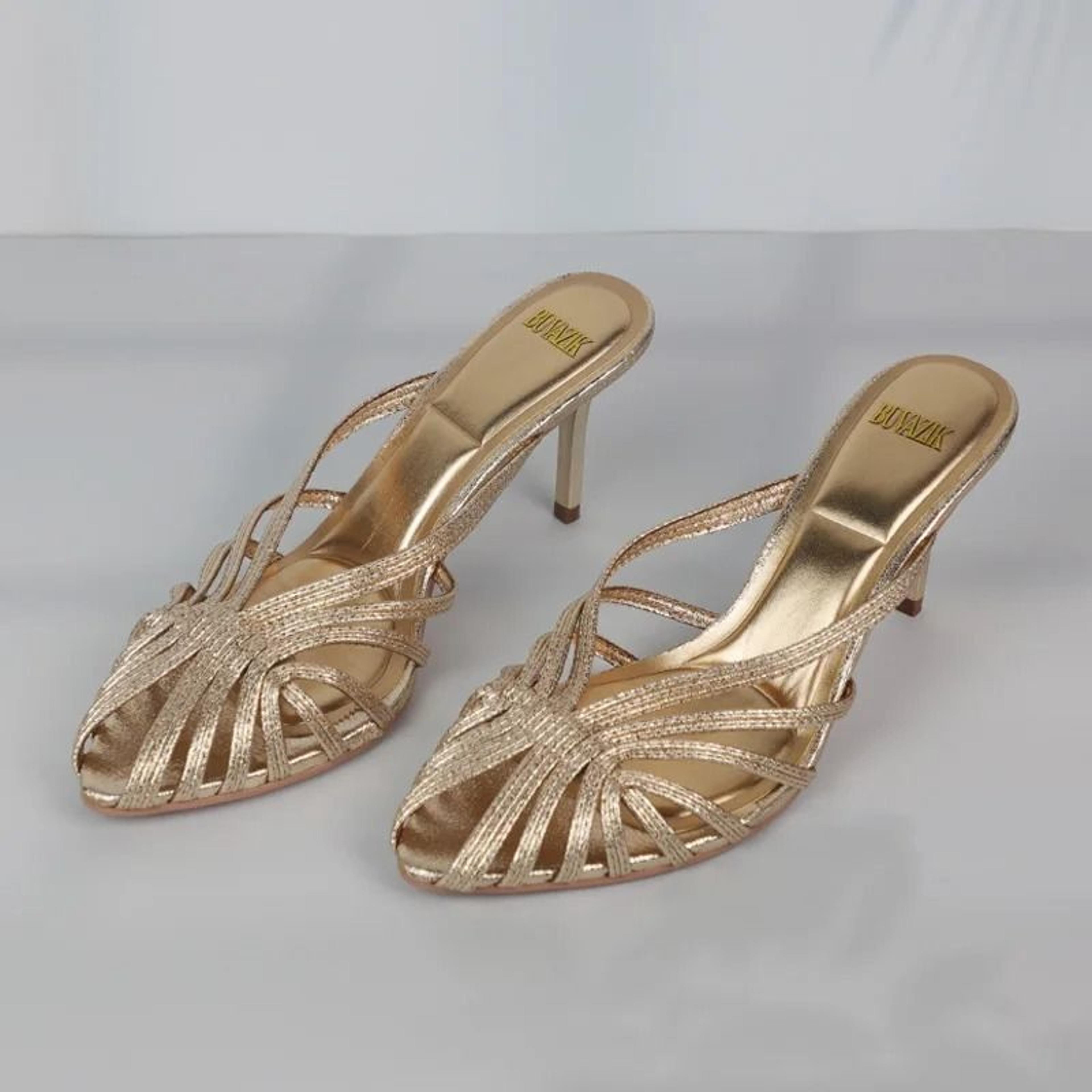 gold hollow strap pointed toe heels for women elegant office and summer mules