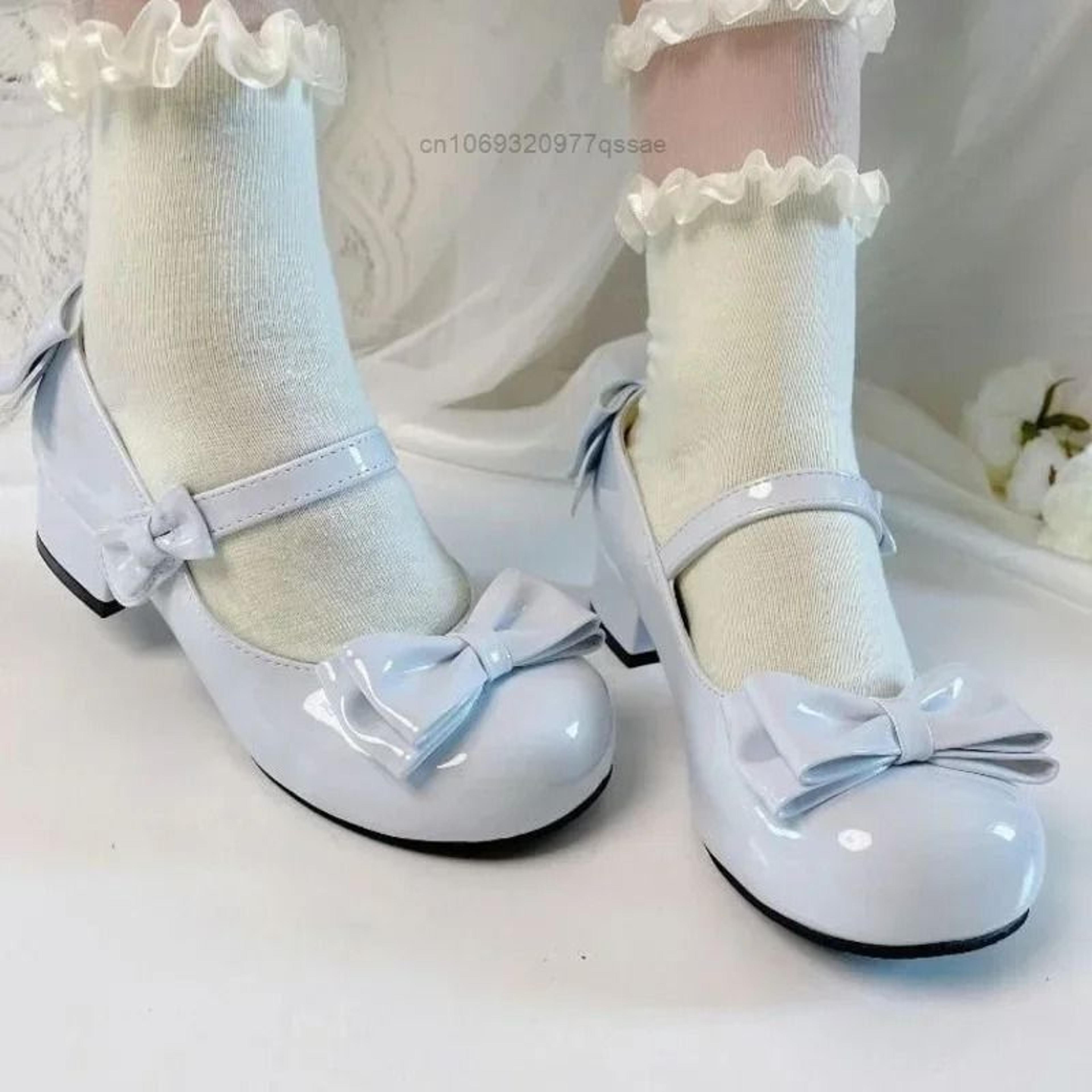 lolita mary jane bow round toe midi heel pumps for women