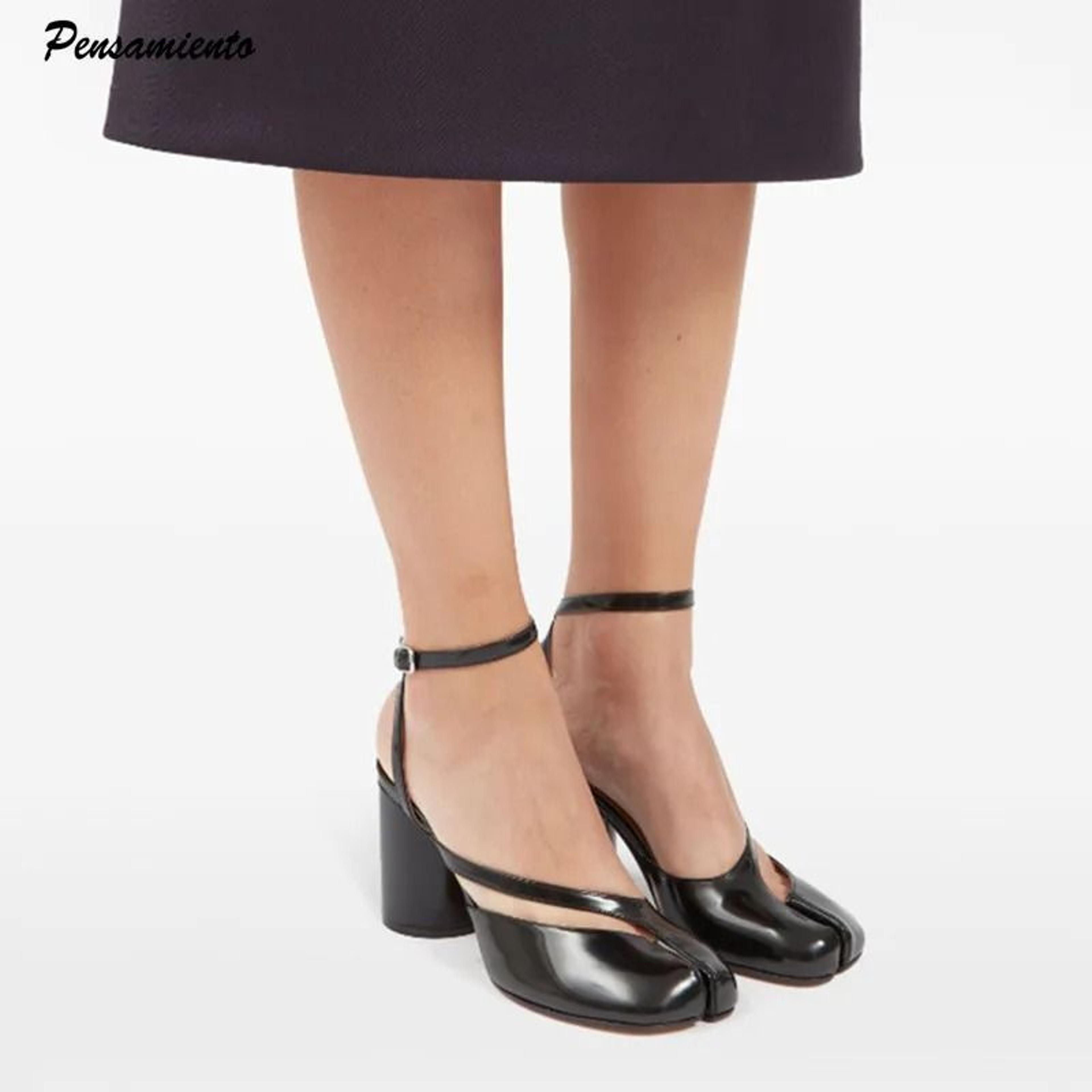 patent leather split toe slingback chunky heels for women