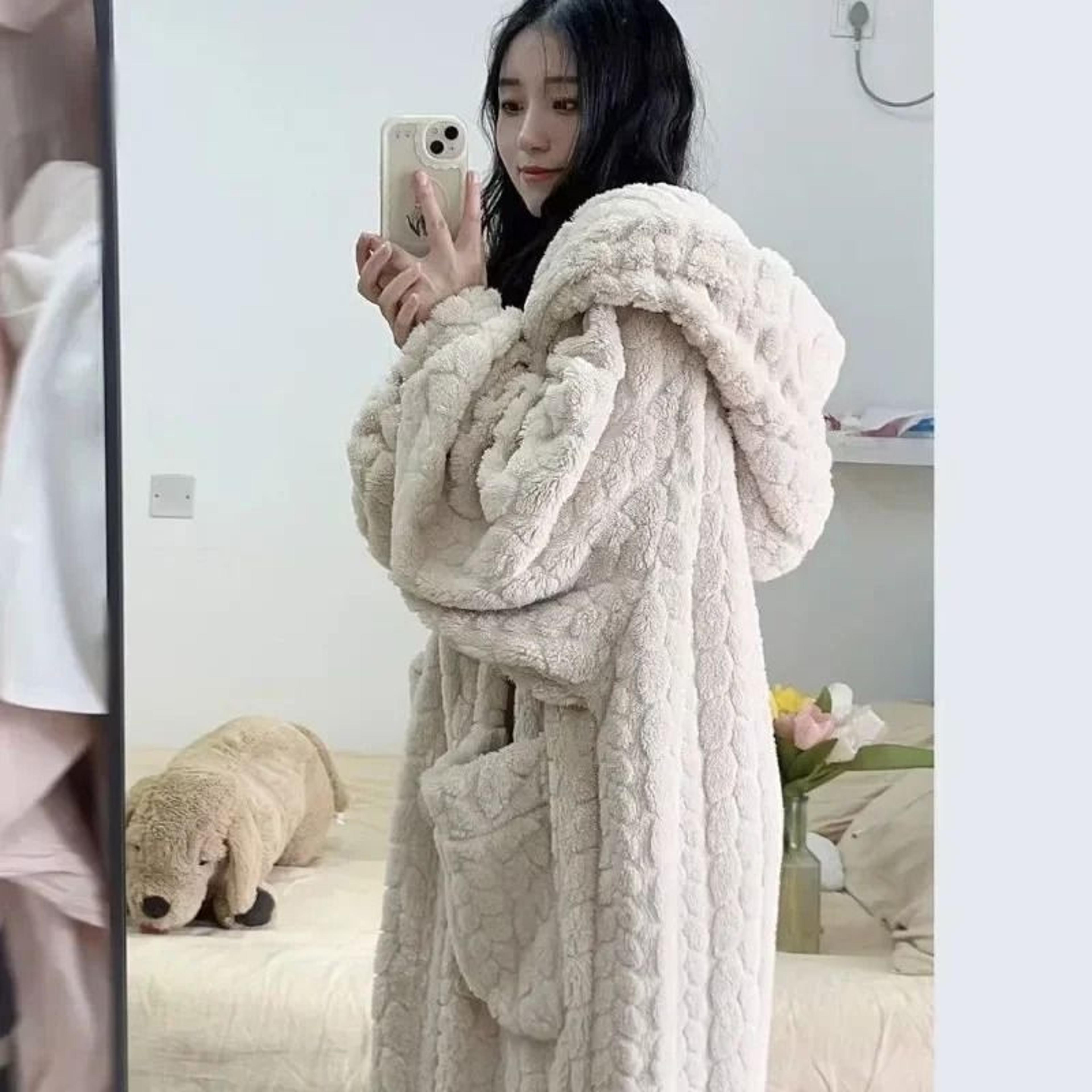 womens fleece nightgown hooded winter one piece pajama dress