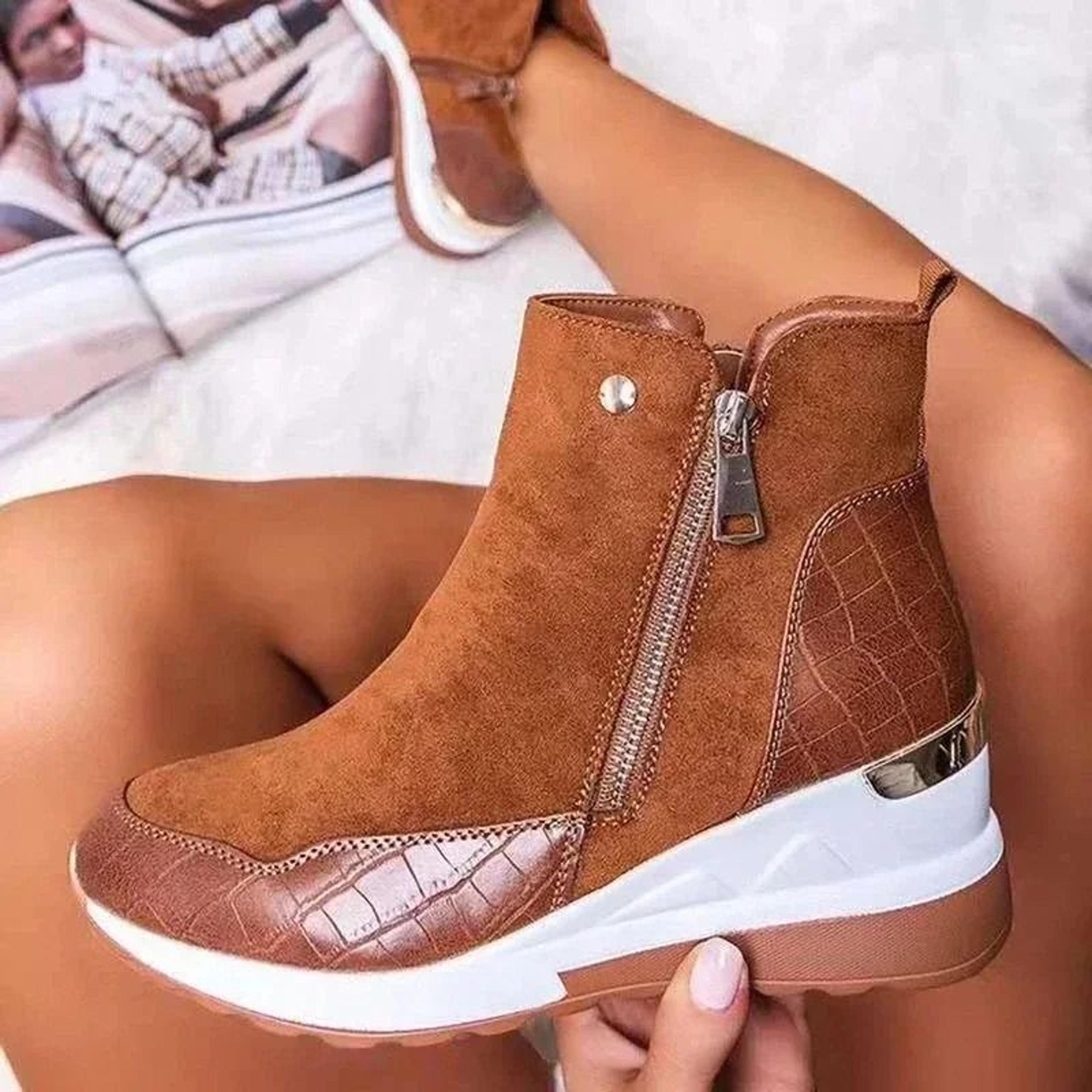 womens high top platform sneakers with wedge sole and side zipper
