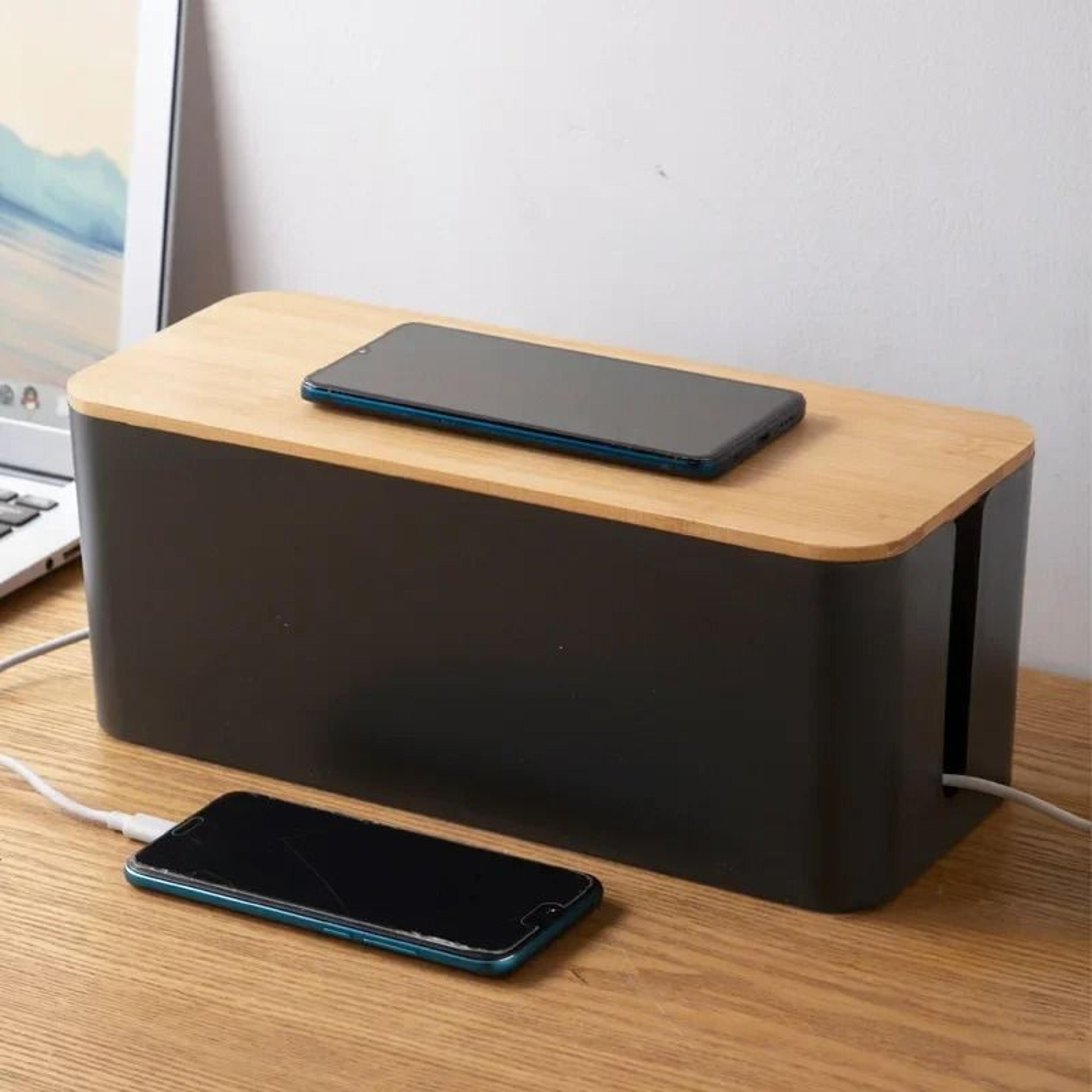 bamboo wood cable management box power strip and cord organizer