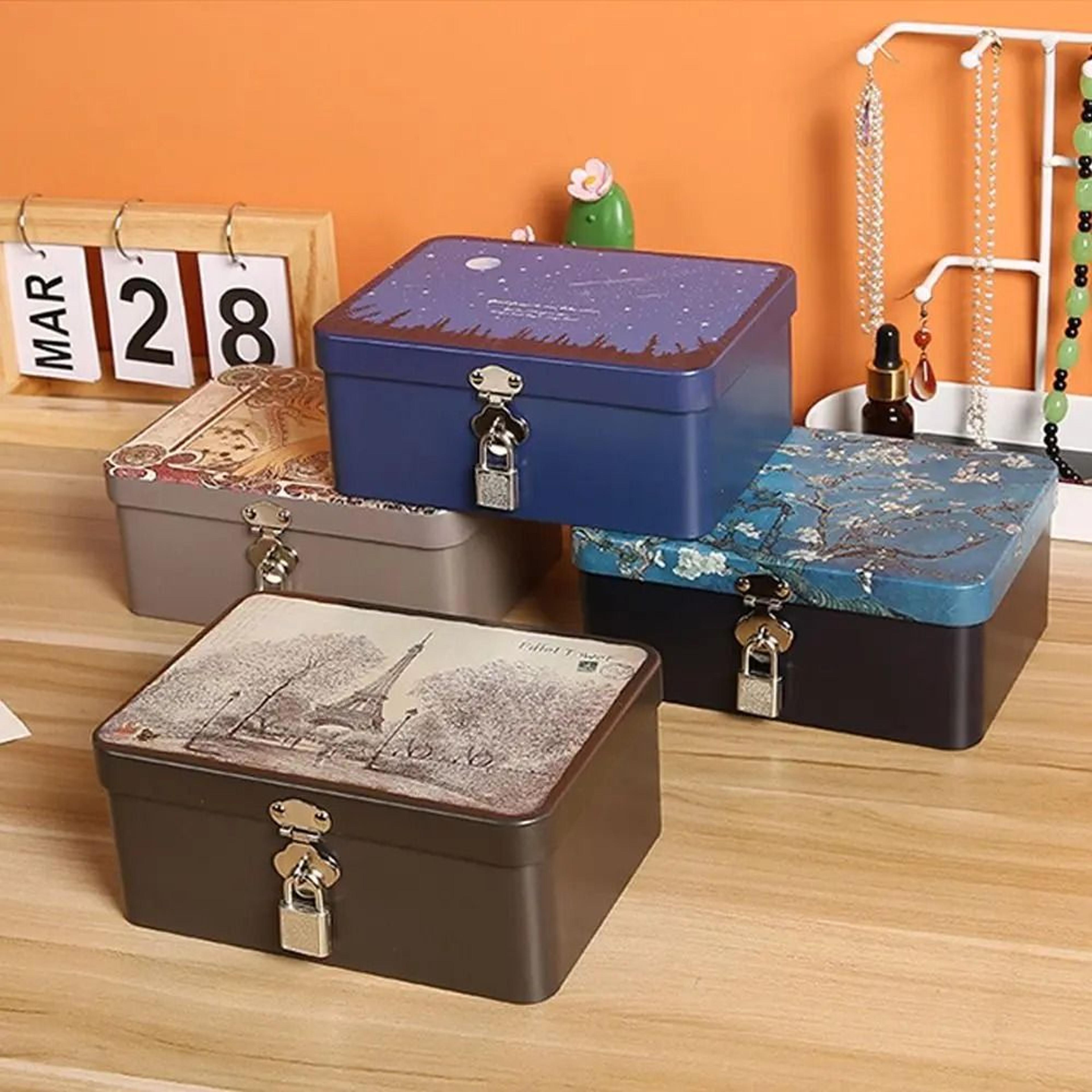 vintage tinplate storage box with lock and key large capacity metal case