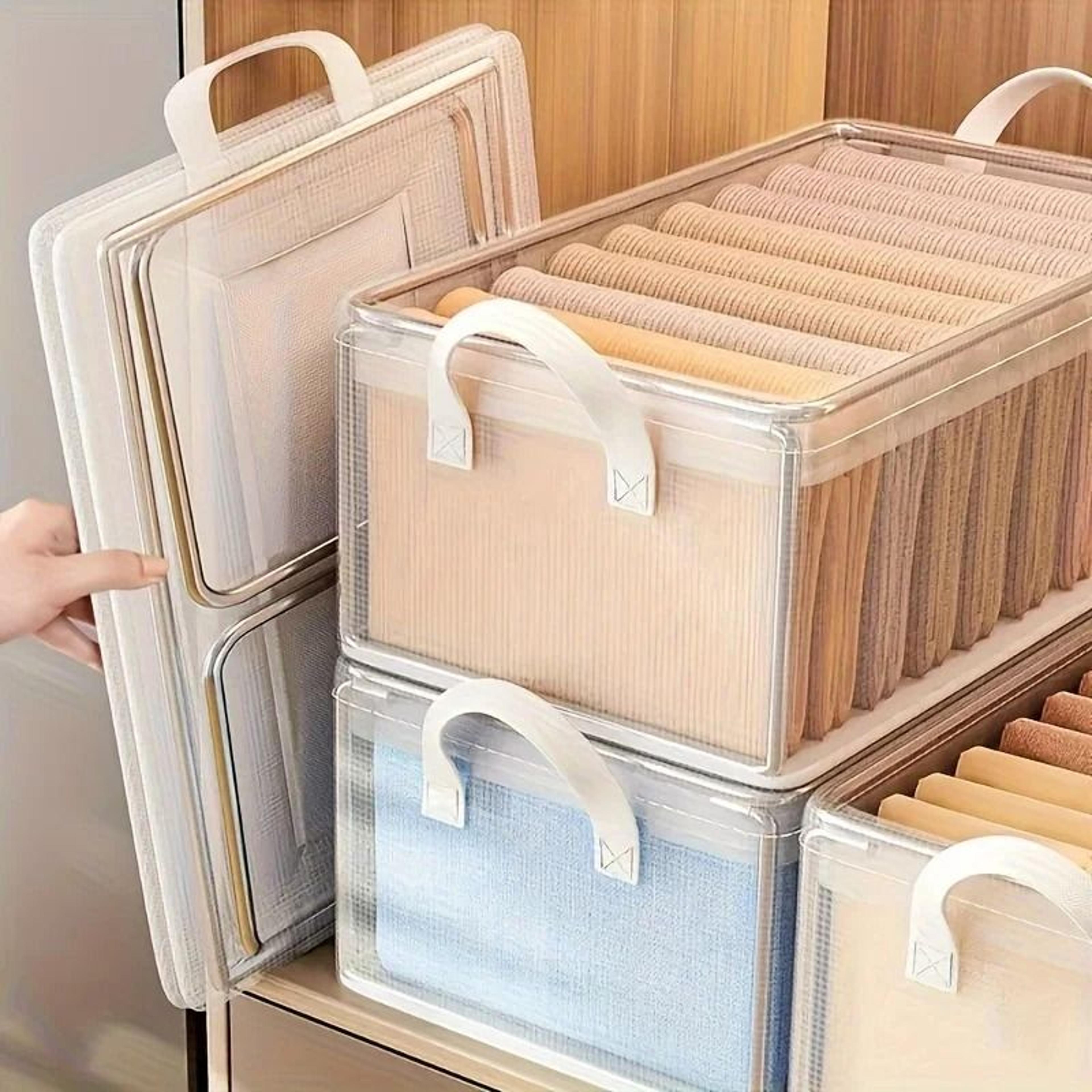 2 pcs foldable transparent pvc storage bins stackable steel frame closet organizers