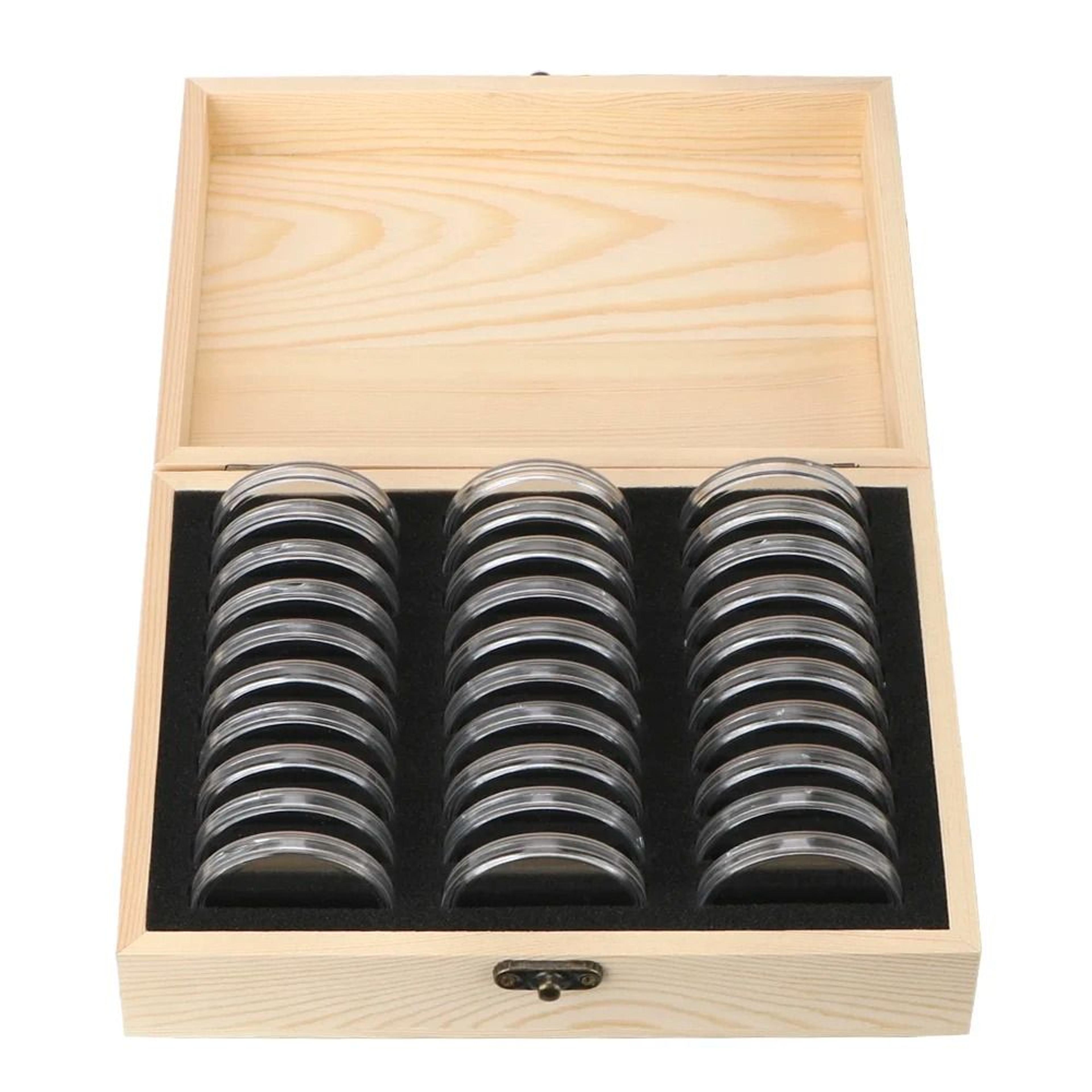 premium wooden coin storage box with adjustable capsules and display case