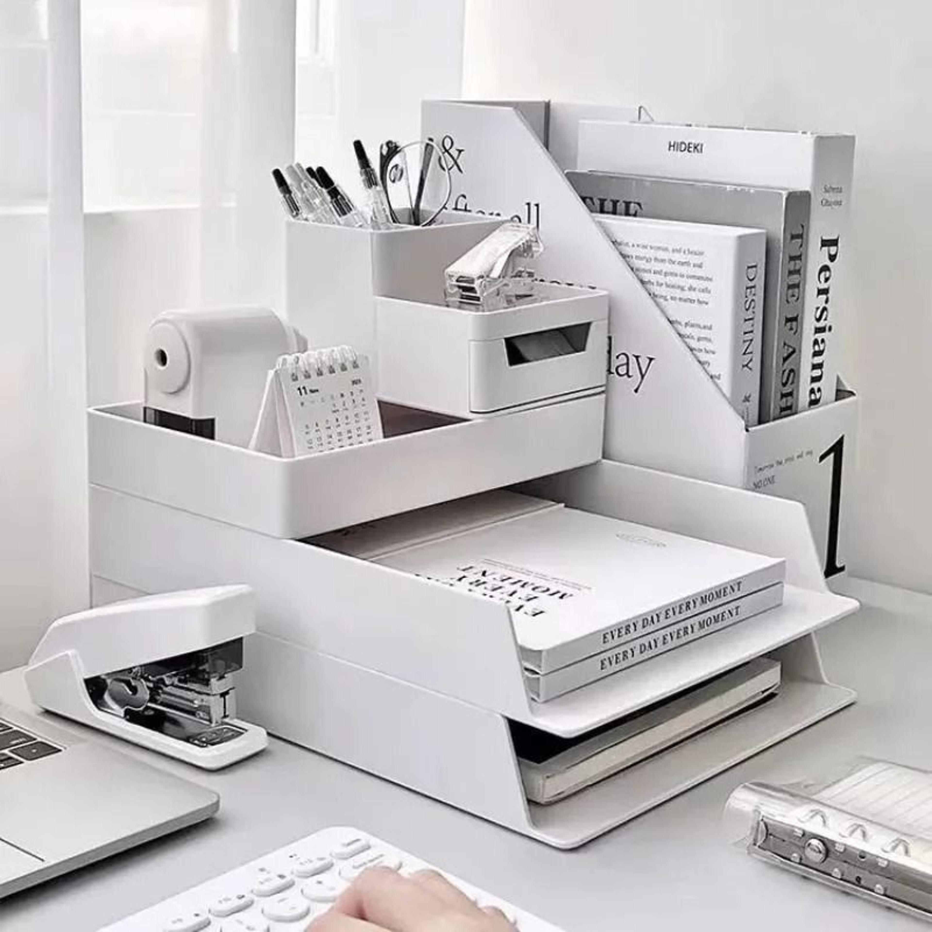 multi layer desktop file storage rack with drawer organizer