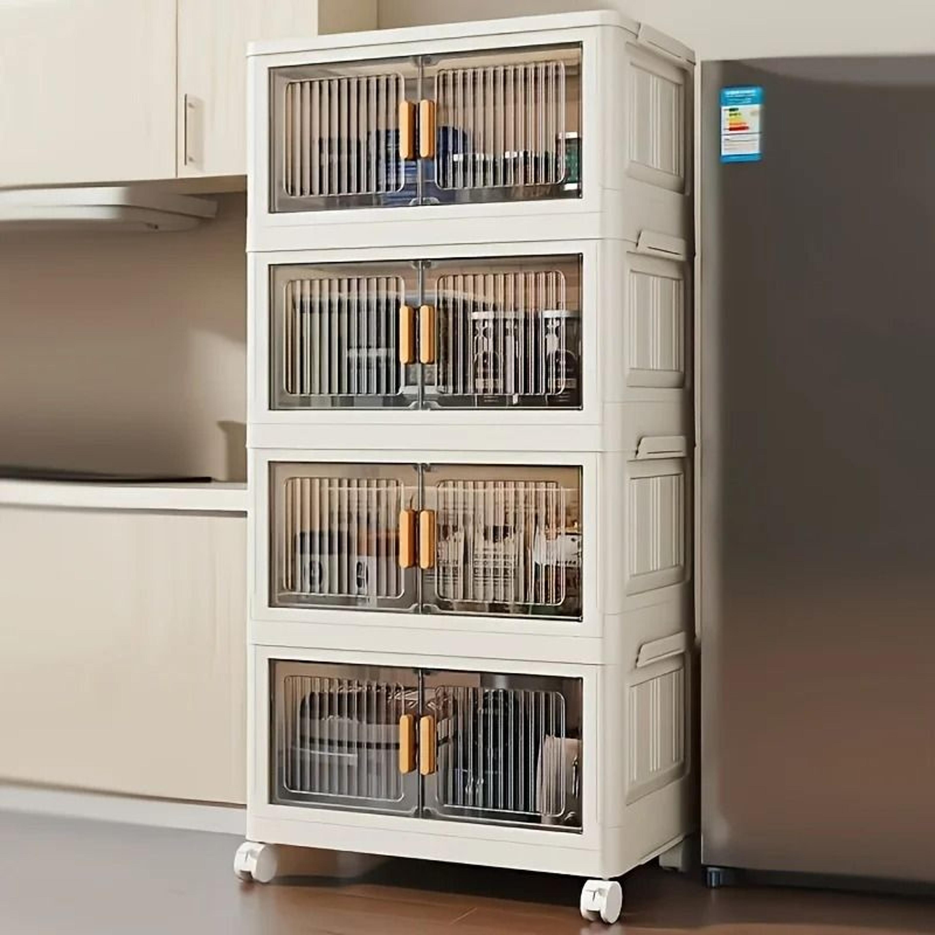 stackable plastic storage cabinet with doors and wheels