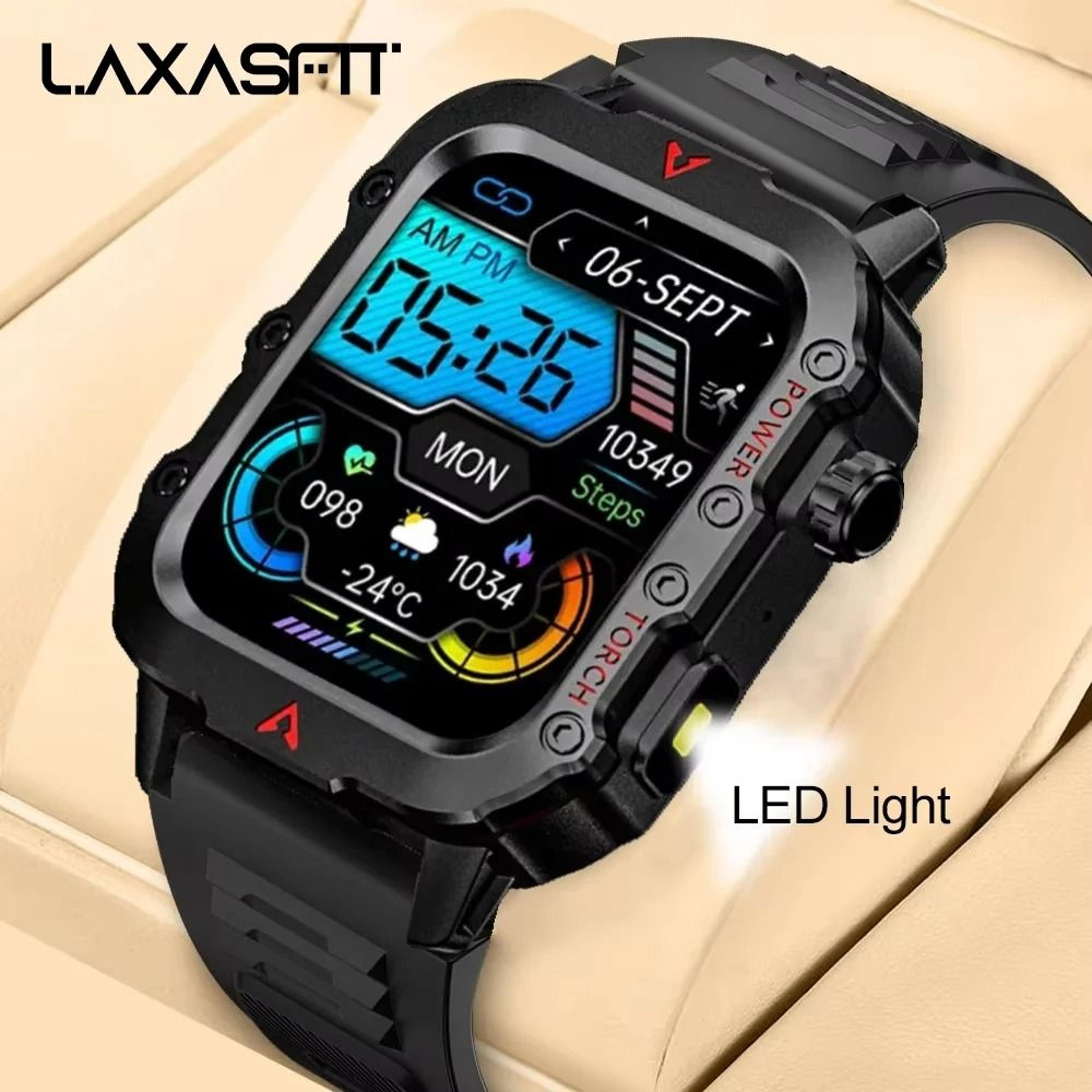 laxasfit mens smart watch with led flashlight and health monitoring