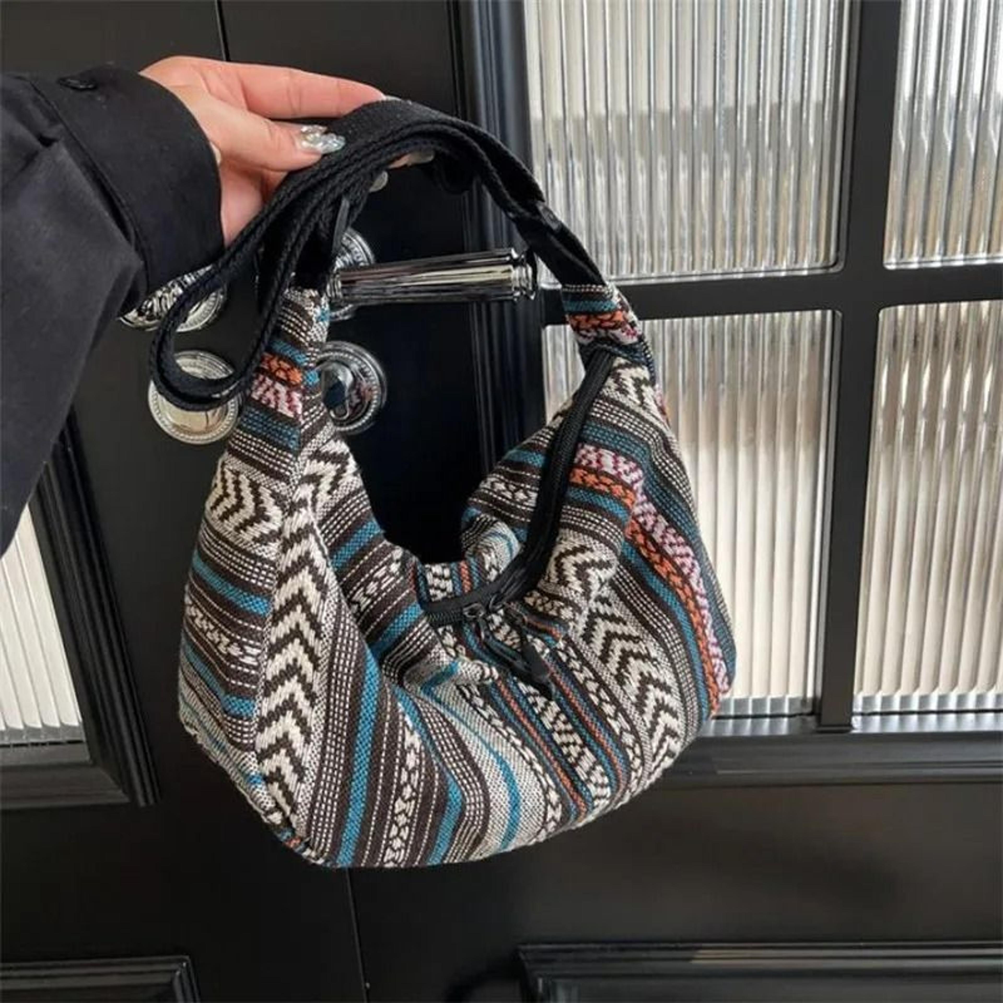 tribal style foldable crossbody shoulder bag with striped flag pattern