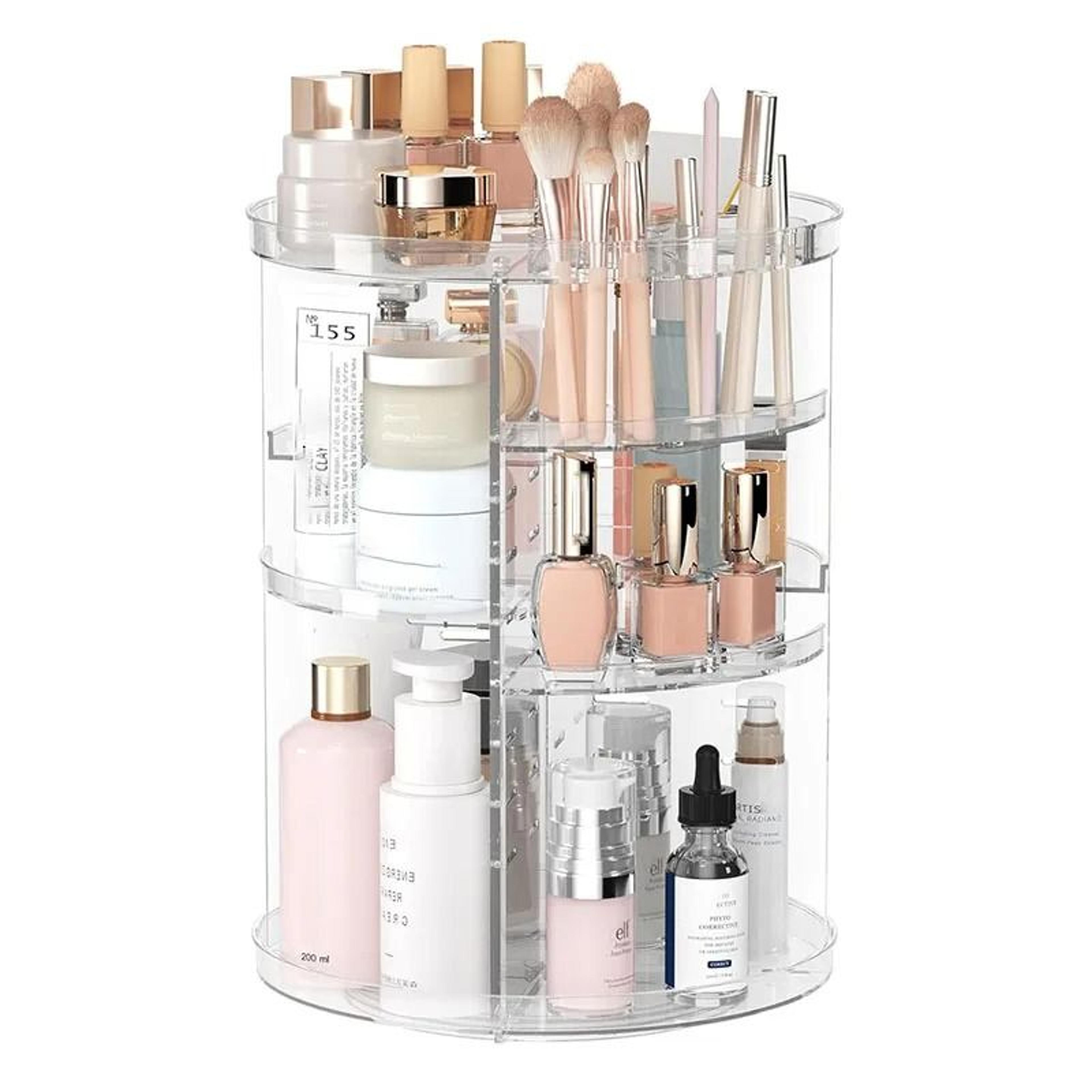 rotating makeup organizer carousel with brush holder and perfume tray