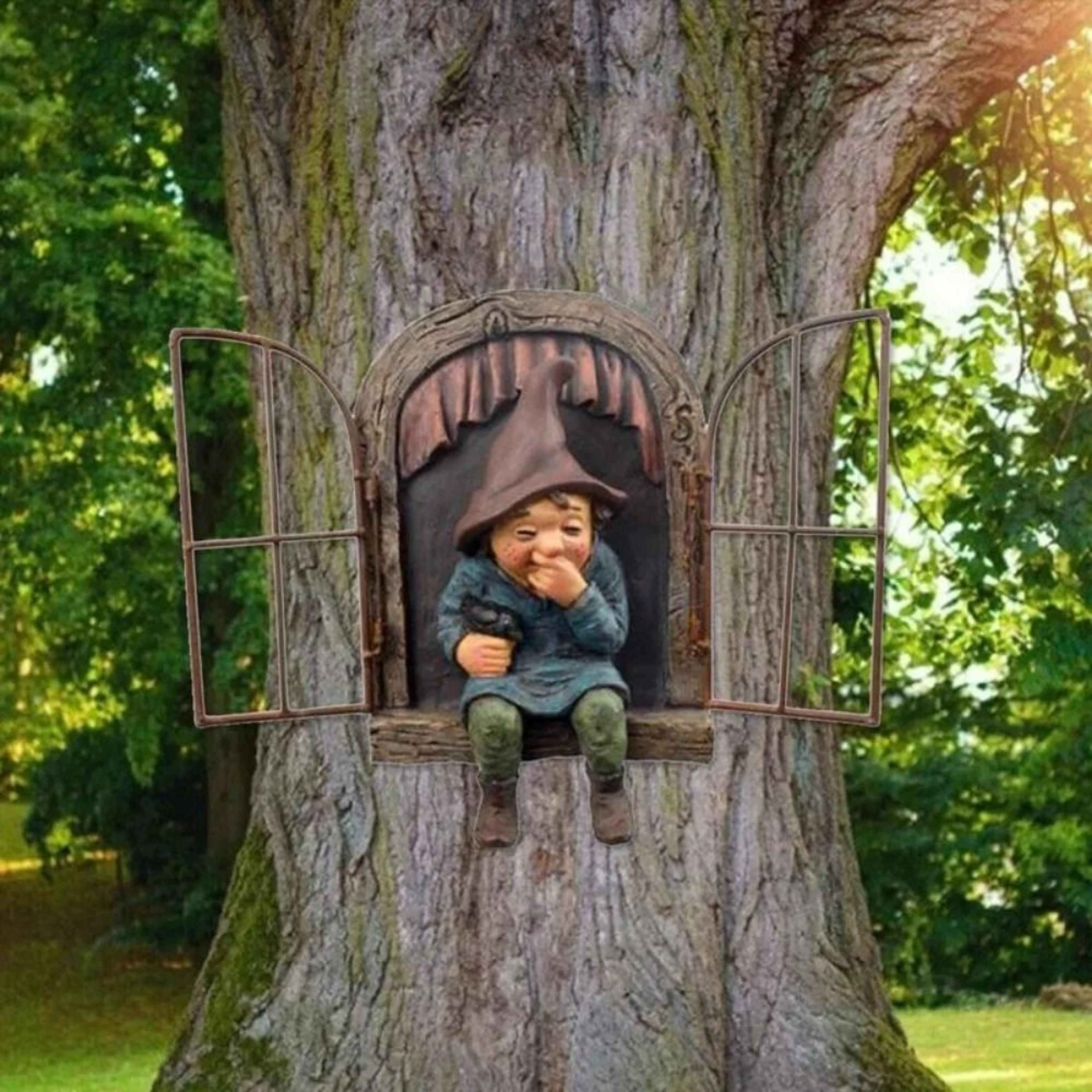 creative garden elf tree hugger statue whimsical outdoor fairy garden decor