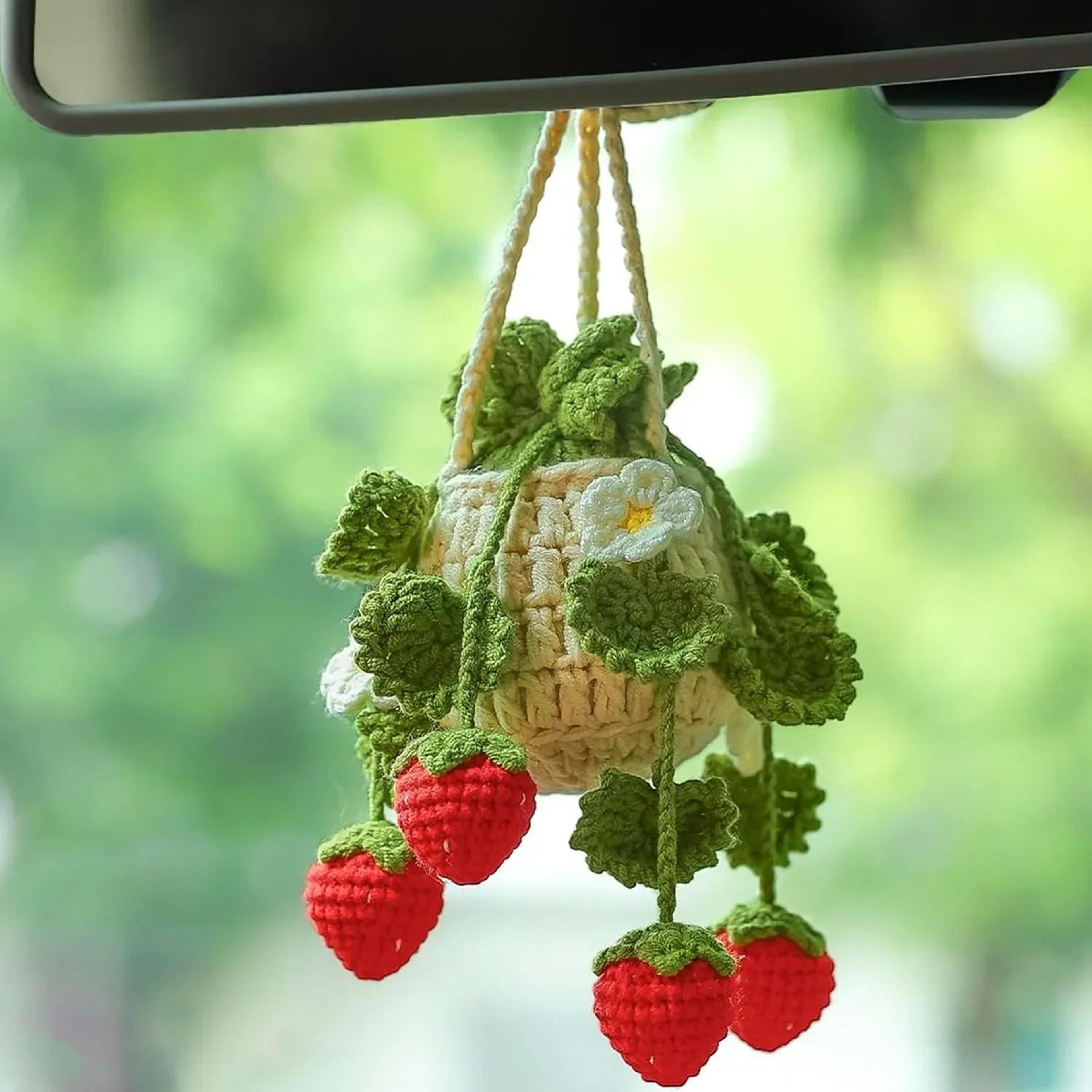 crochet car hanging plant strawberry rearview mirror car charm cute handmade car decor