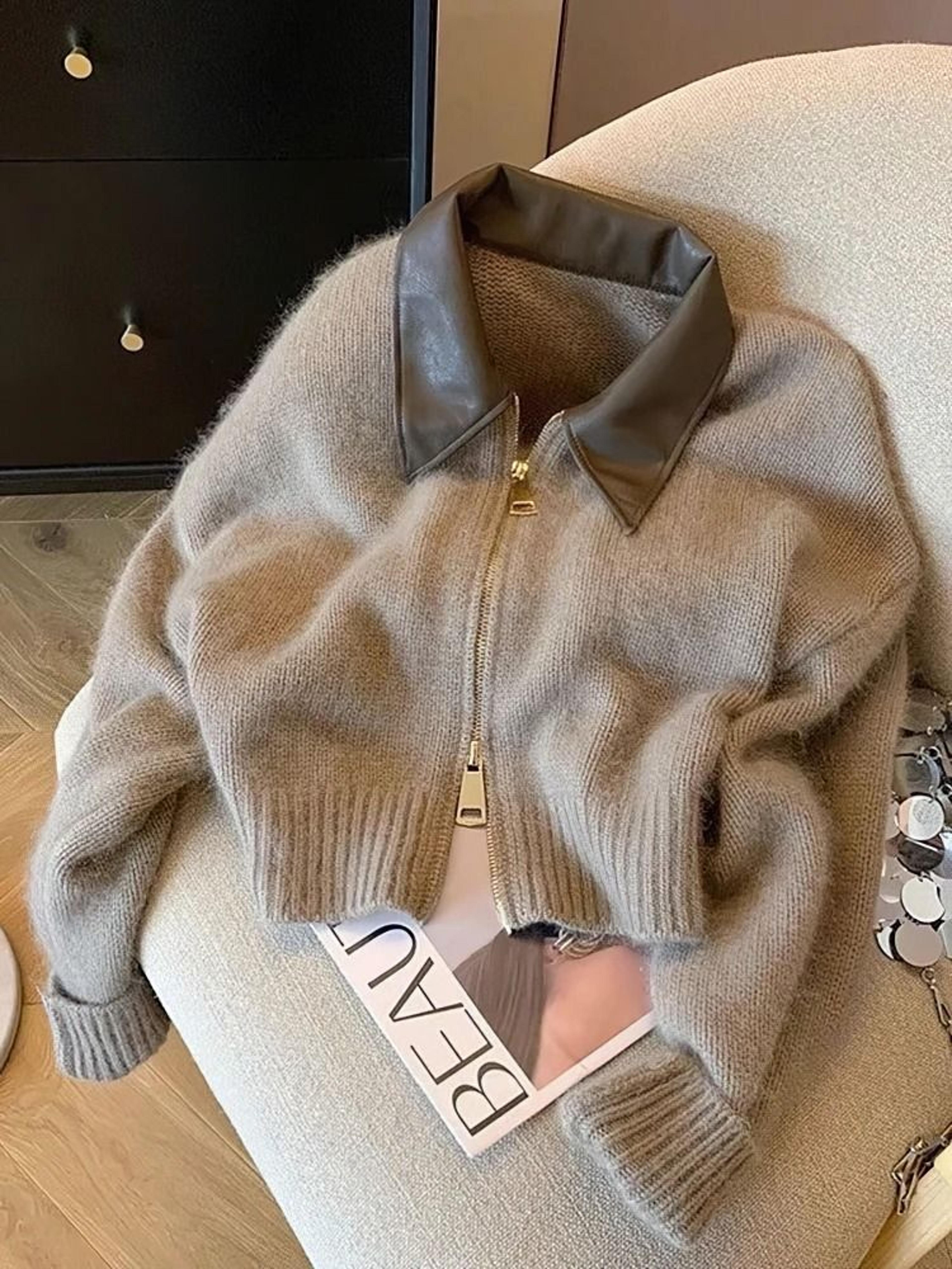womens patchwork cropped cardigan thick zip up knit bomber sweater vintage y2k short knit jacket