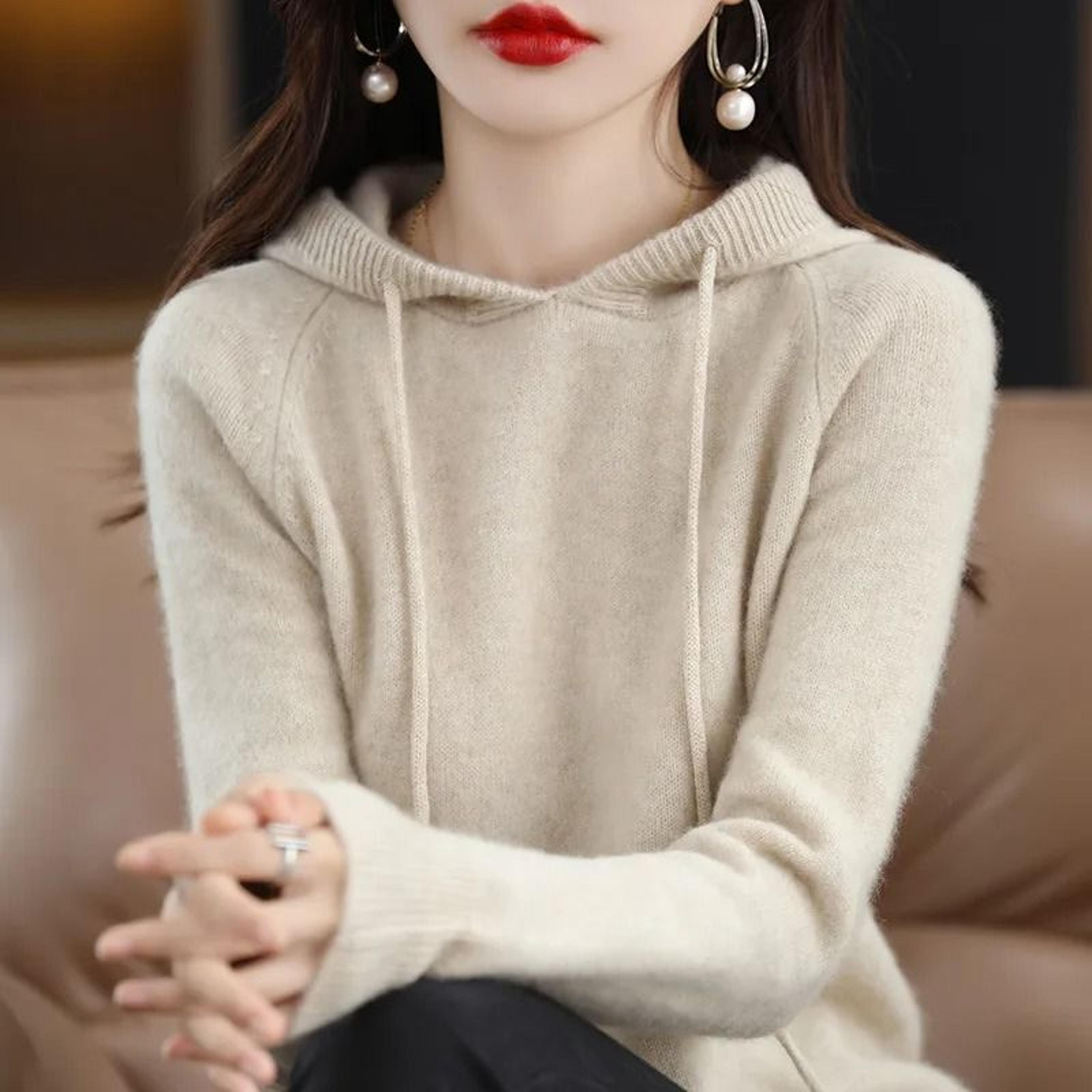 casual womens knitted hoodie sweater loose drawstring pullover hoodie
