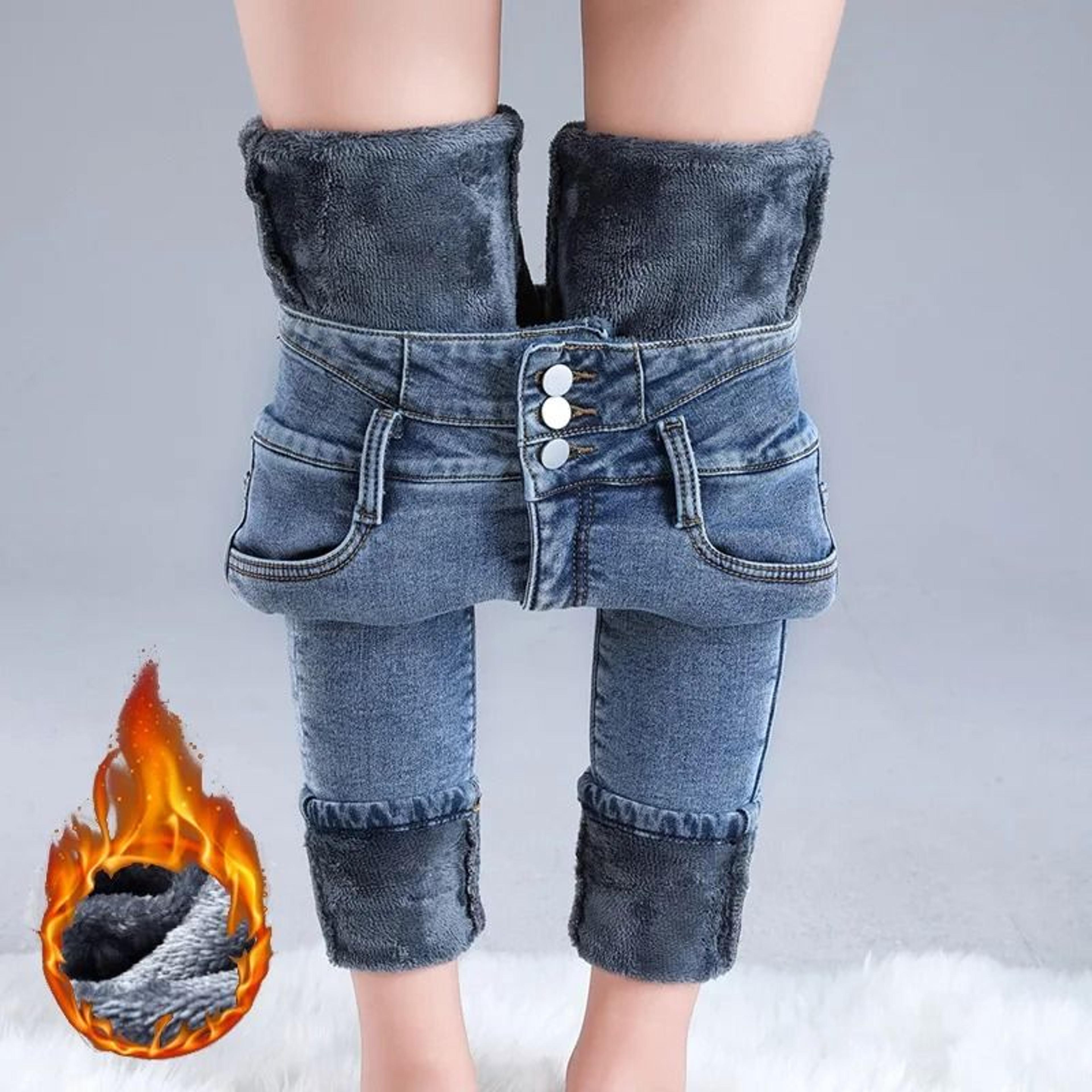 womens thermal high waist skinny jeans fleece lined winter denim pants