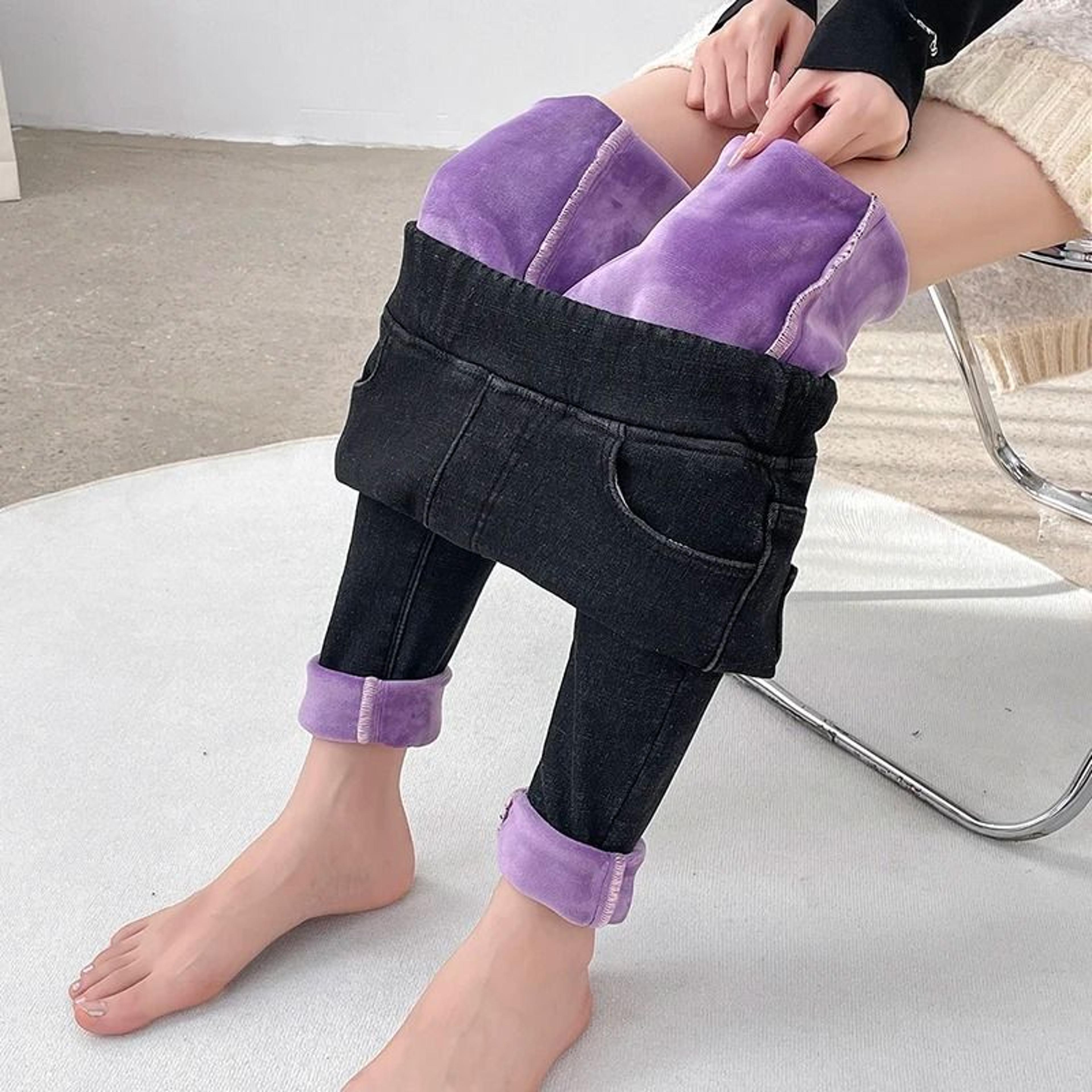 womens fleece lined winter jeans elastic waist warm slim mom denim pants