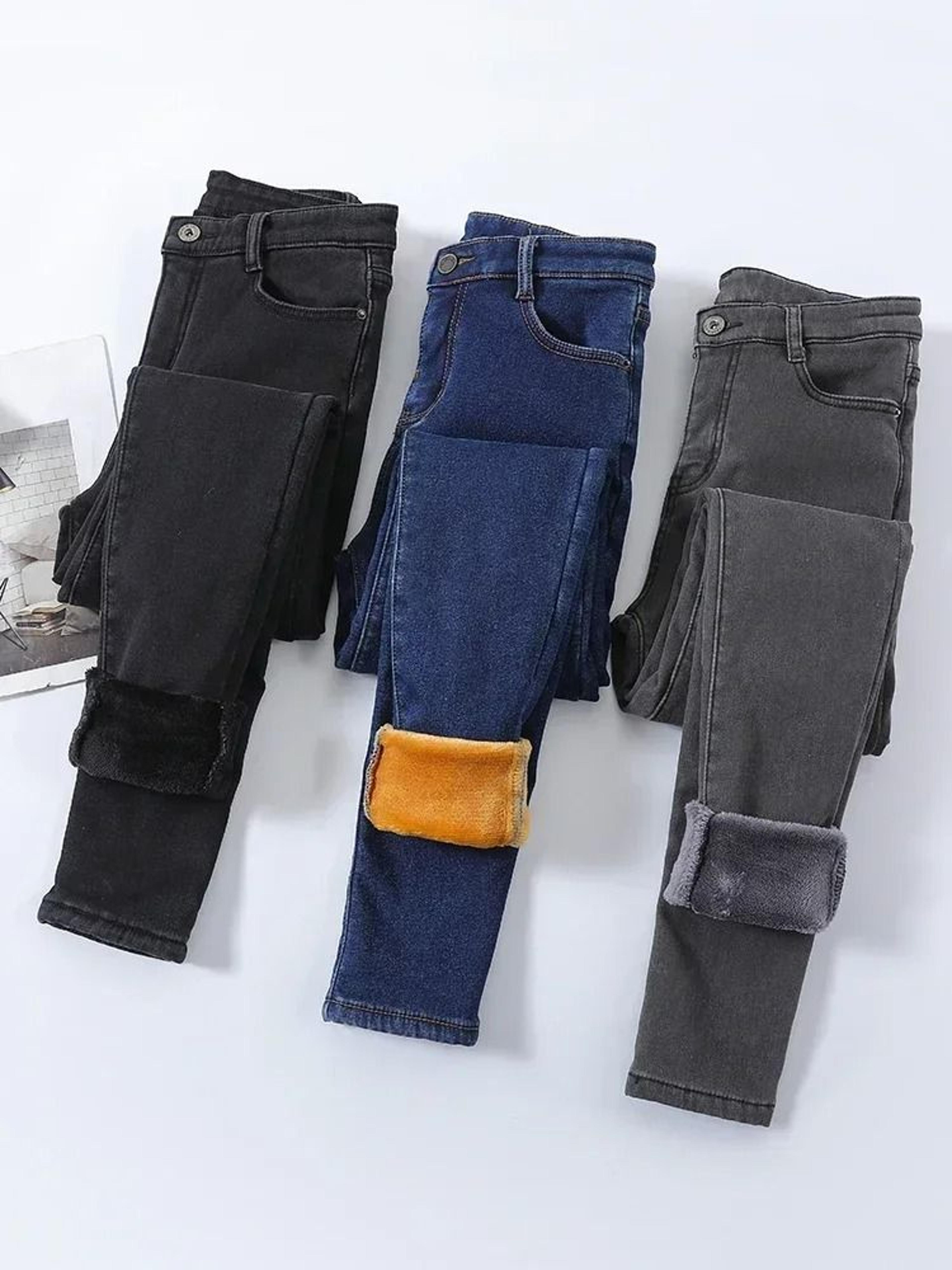 womens fleece lined high waist jeans warm stretch winter skinny pants
