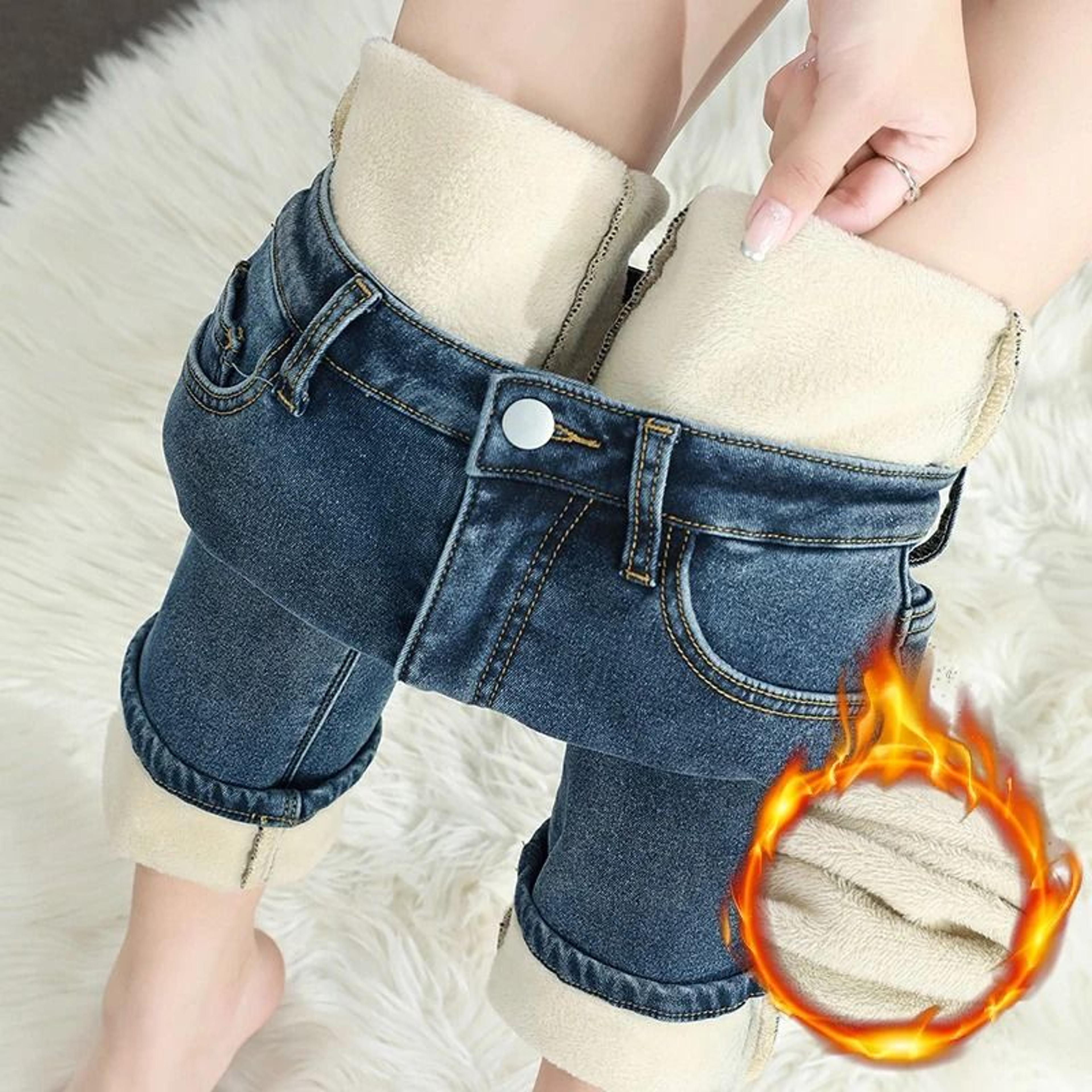 womens winter fleece lined jeans warm retro straight denim pants