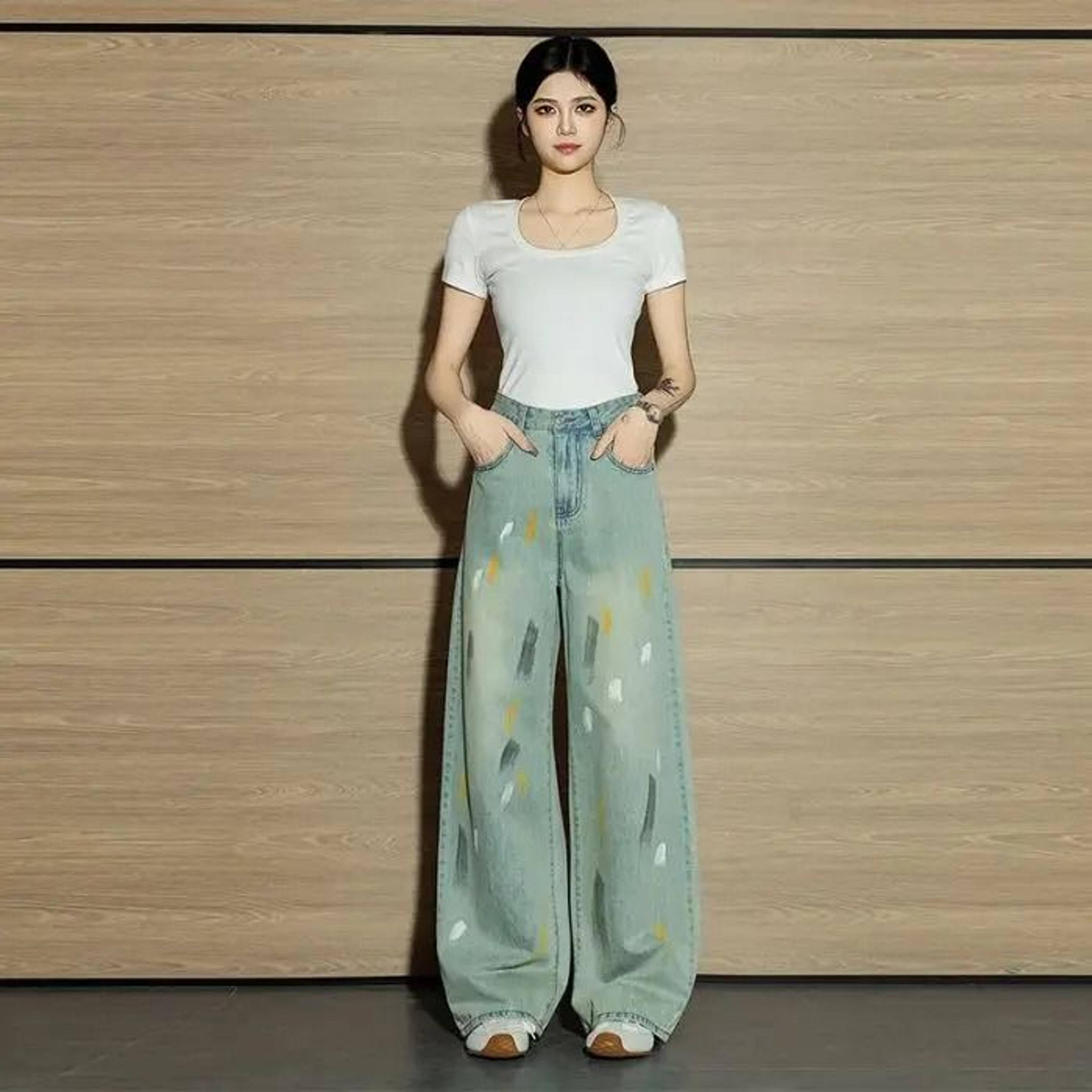 womens high waist graffiti straight leg jeans retro street style denim pants