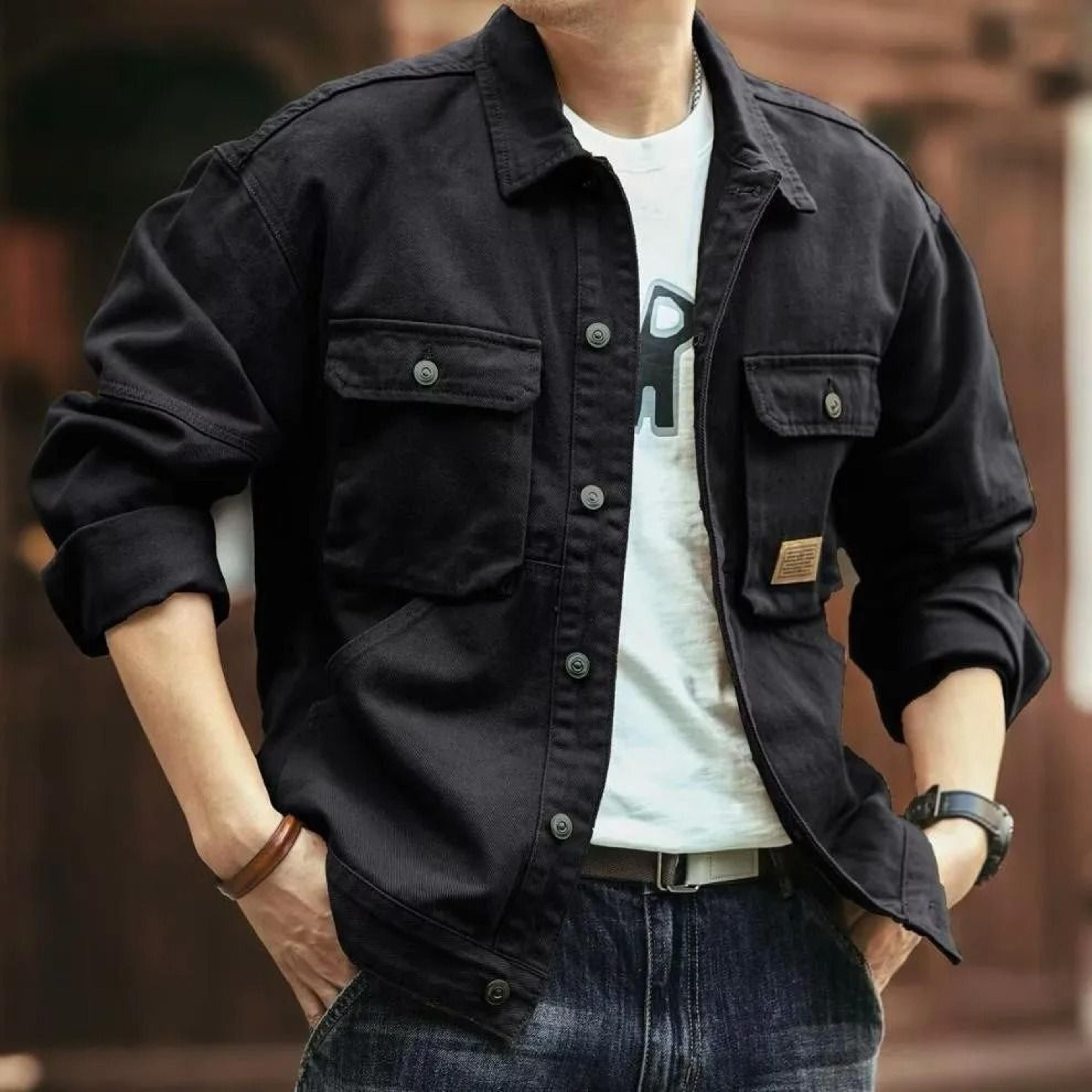 vintage mens denim workwear jacket heavyweight washed french style autumn winter coat