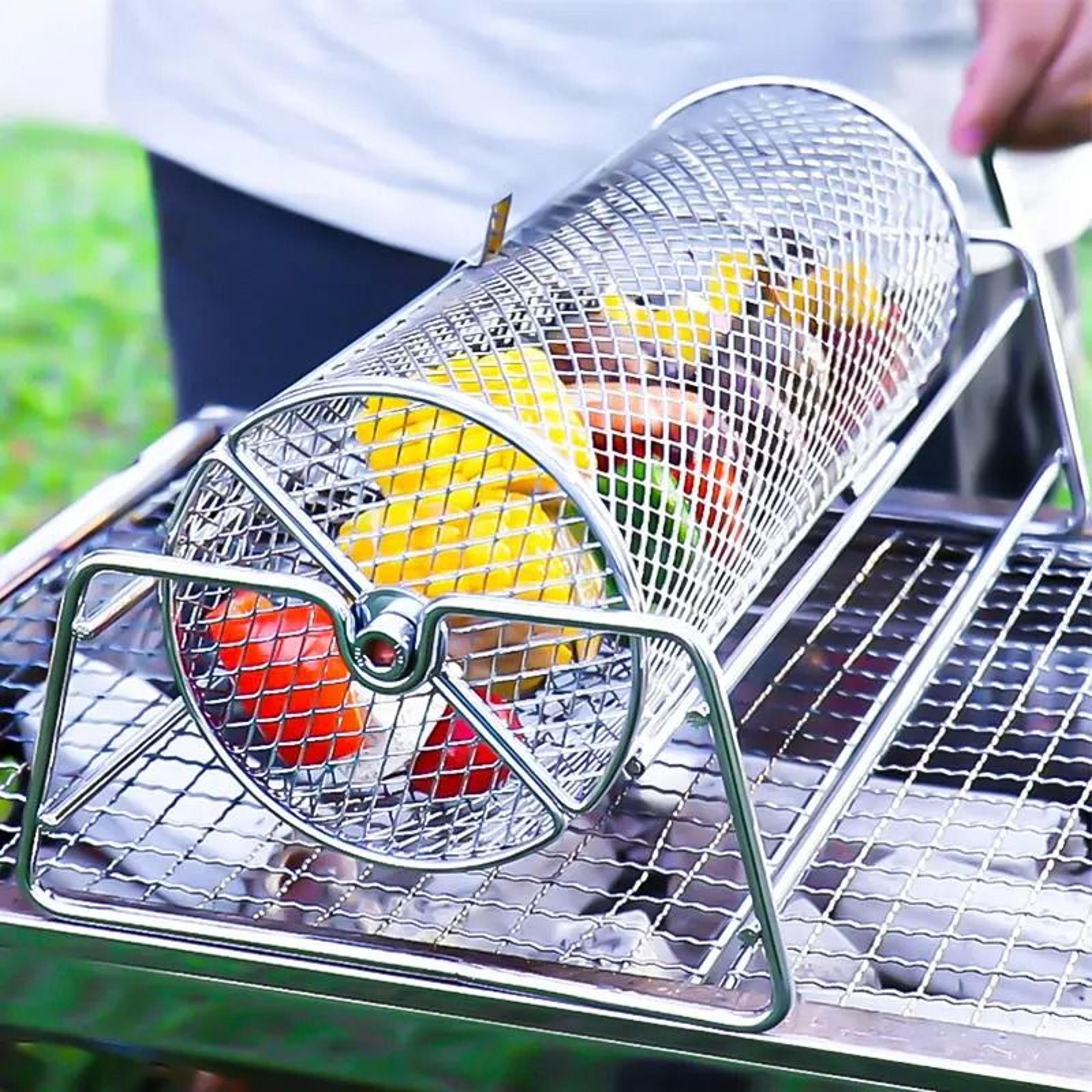 stainless steel rolling bbq grill mesh basket rotisserie cooking cage