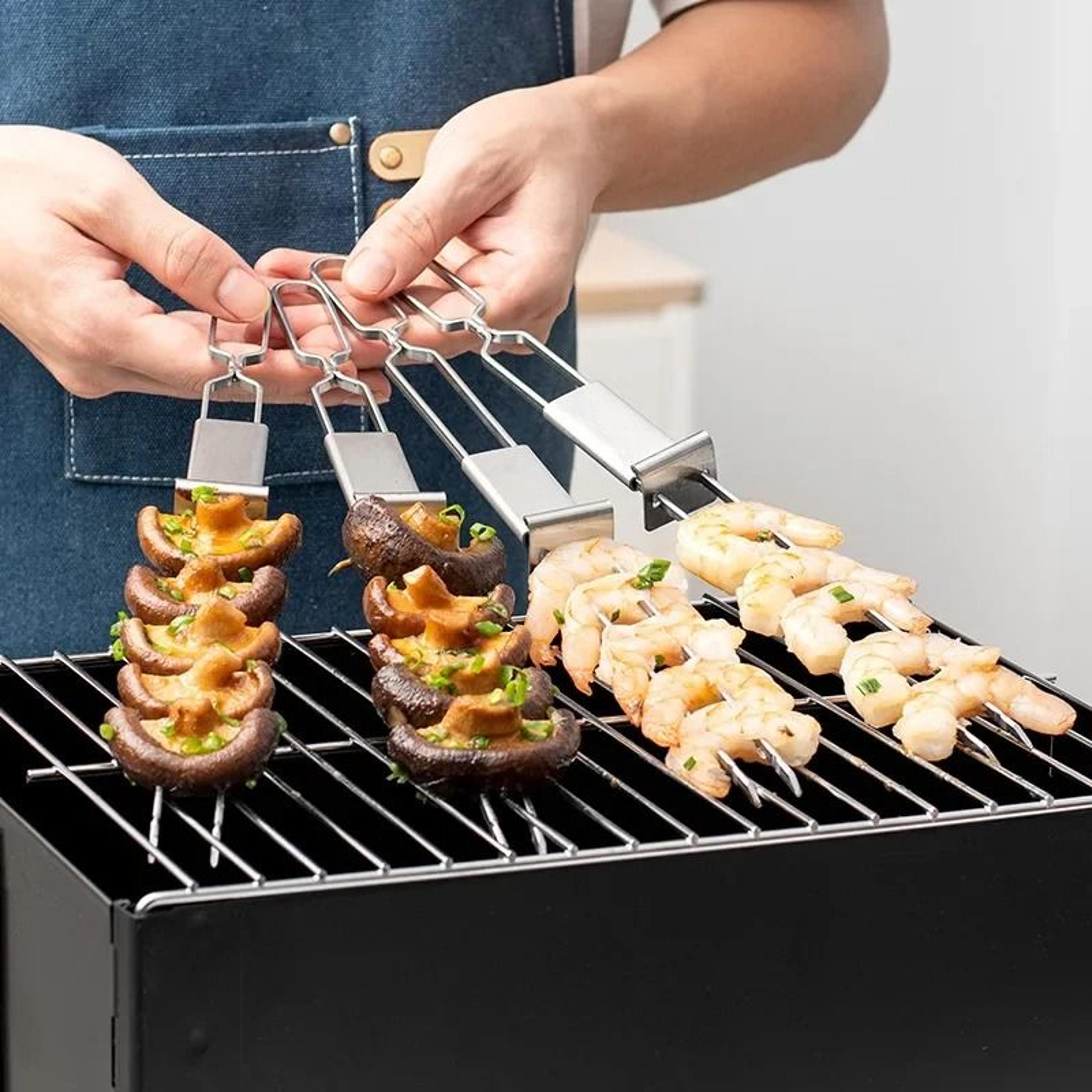 stainless steel double prong bbq skewers reusable barbecue fork skewers set