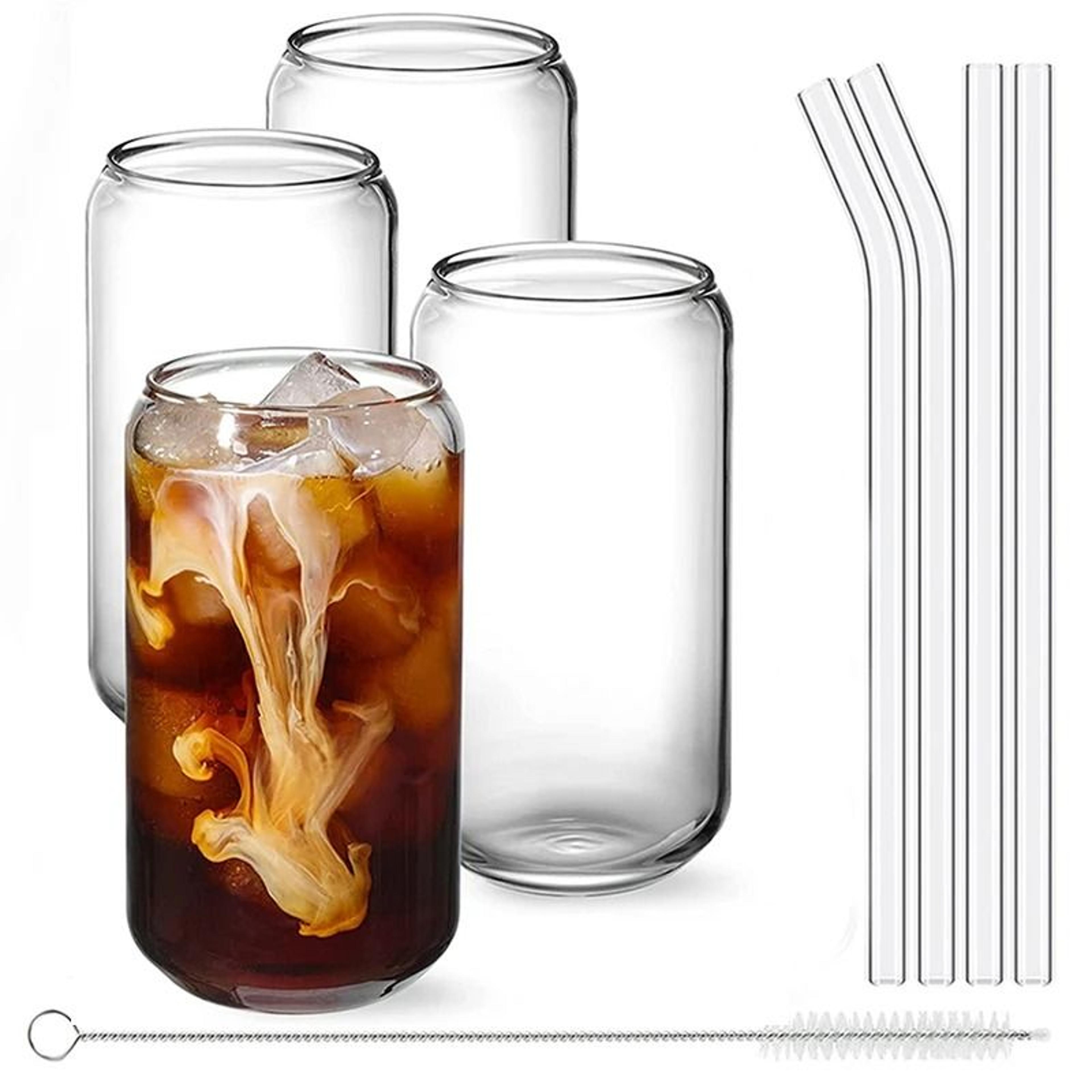 can shaped glass cups set with straws 4 piece beer and cocktail glass set