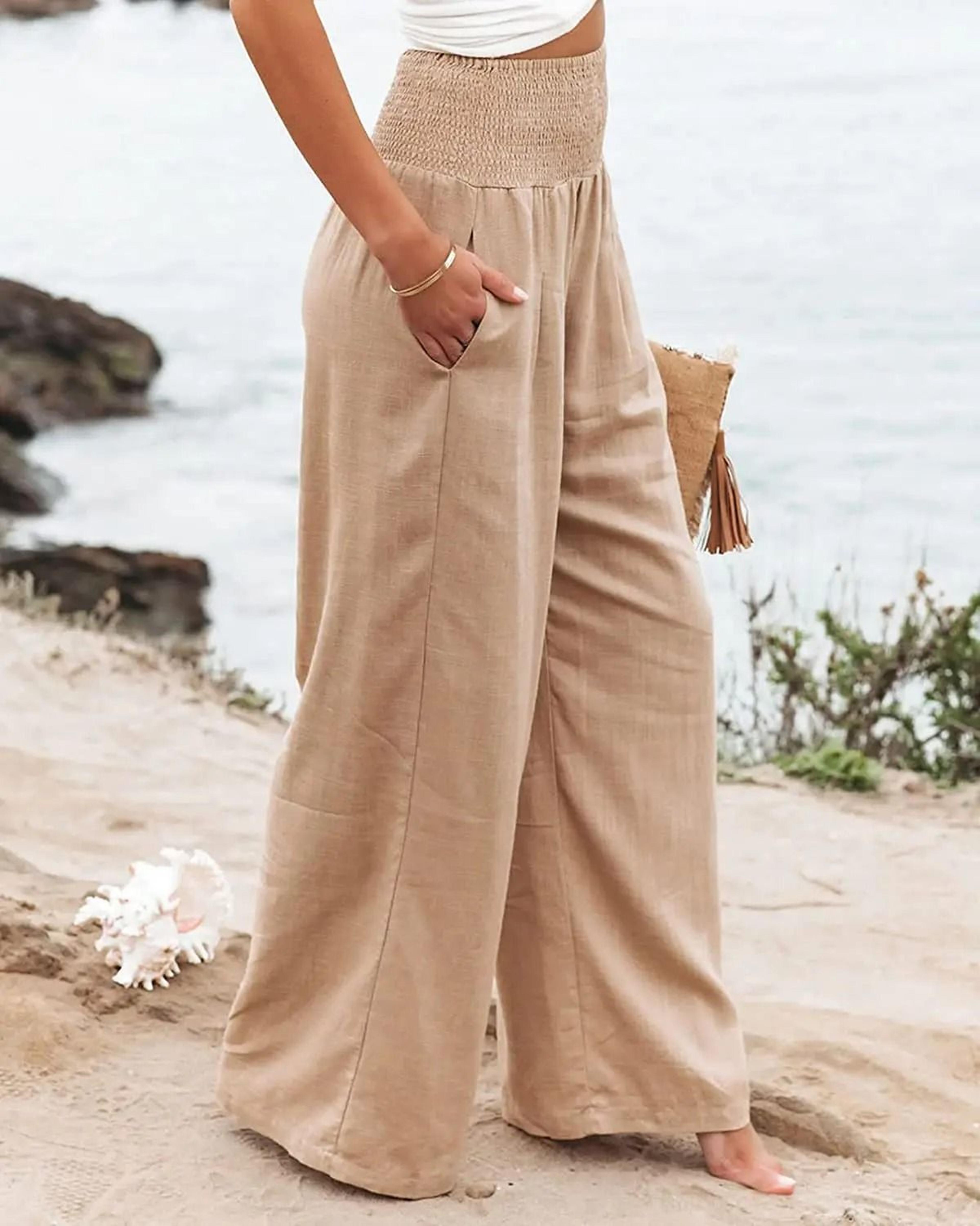 wide leg pants women drawstring casual beach pants loose summer flowy pants