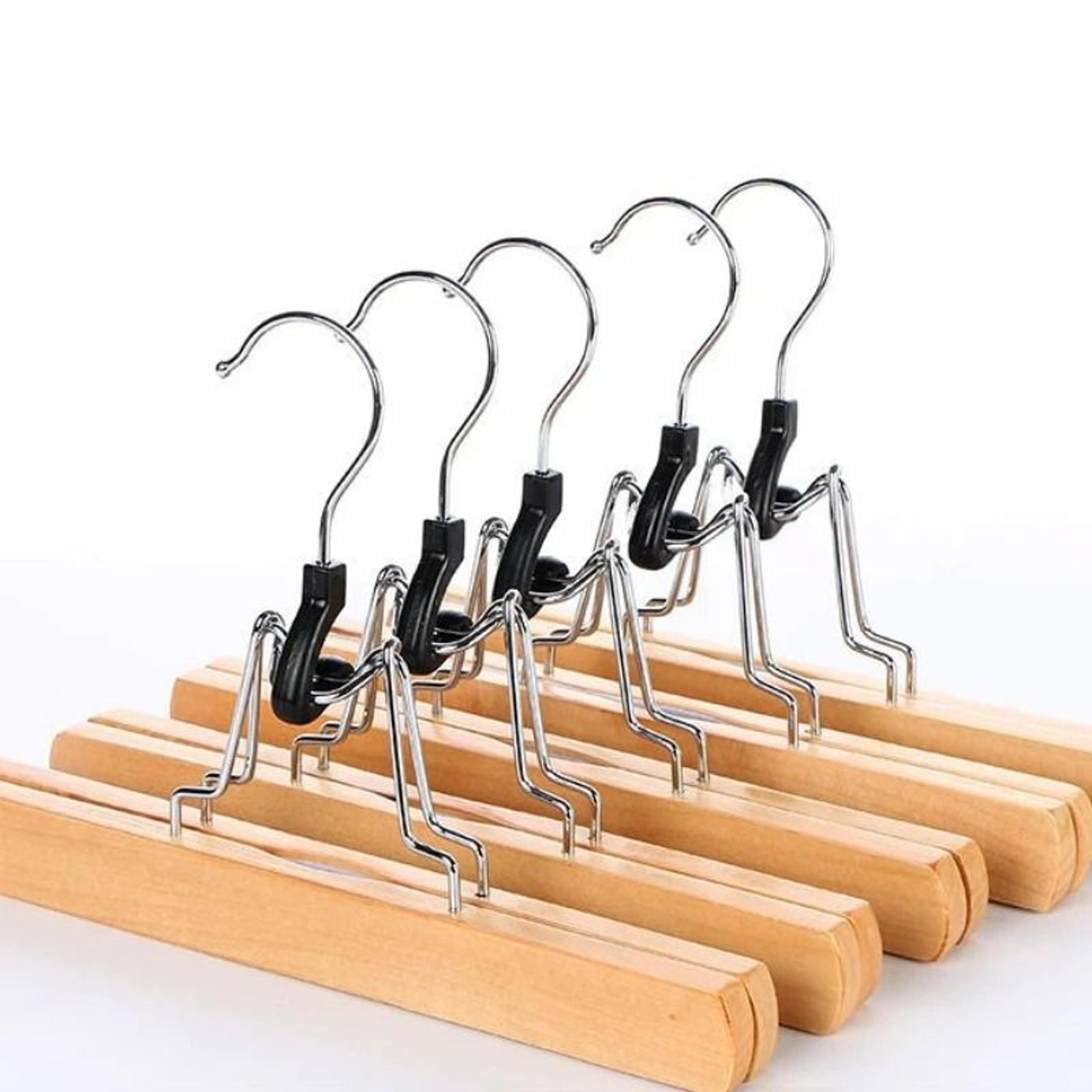 5 piece wooden pants hanger set with adjustable skirt clips space saving closet organizer