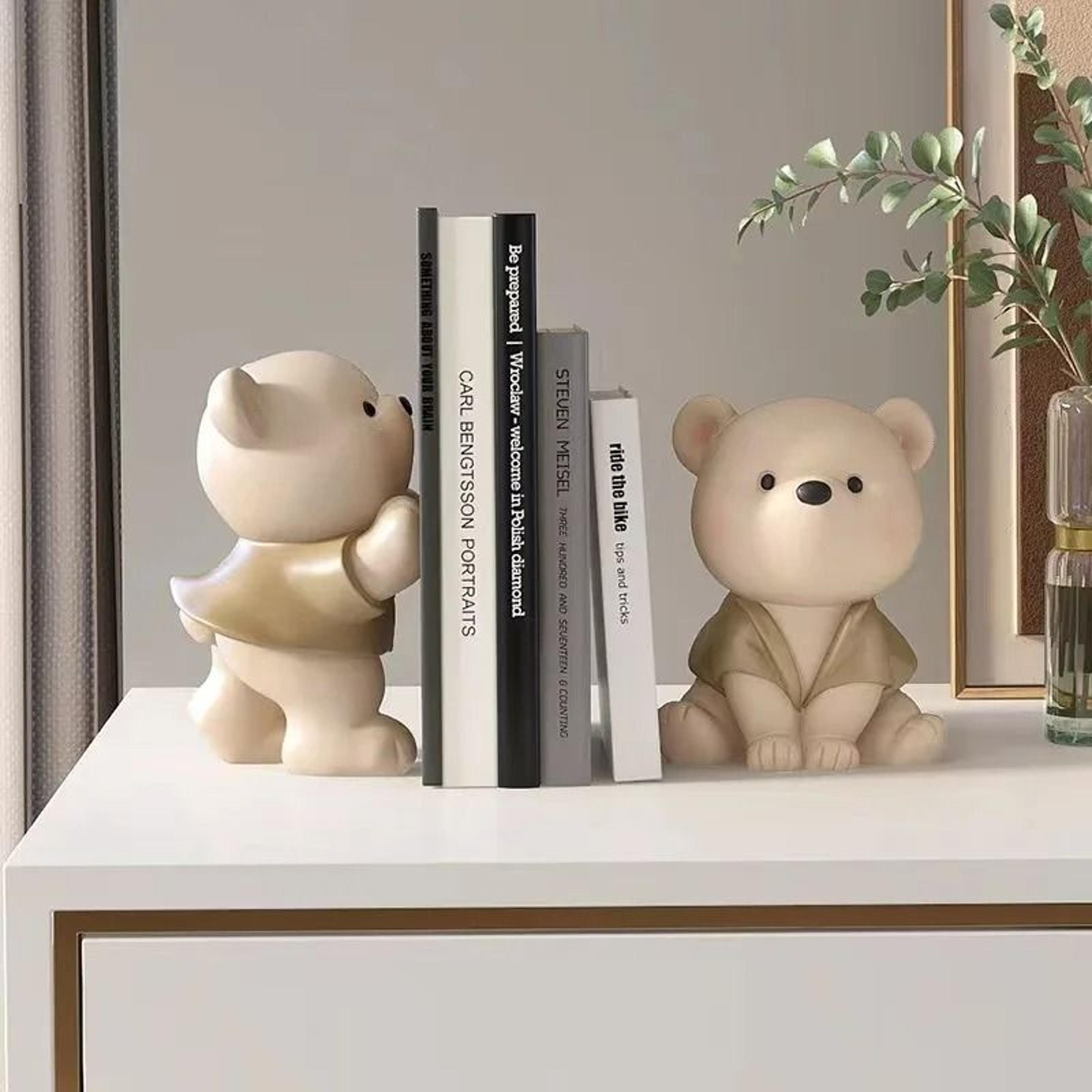 cute bear bookend decor cream style resin book holder for shelf and home display
