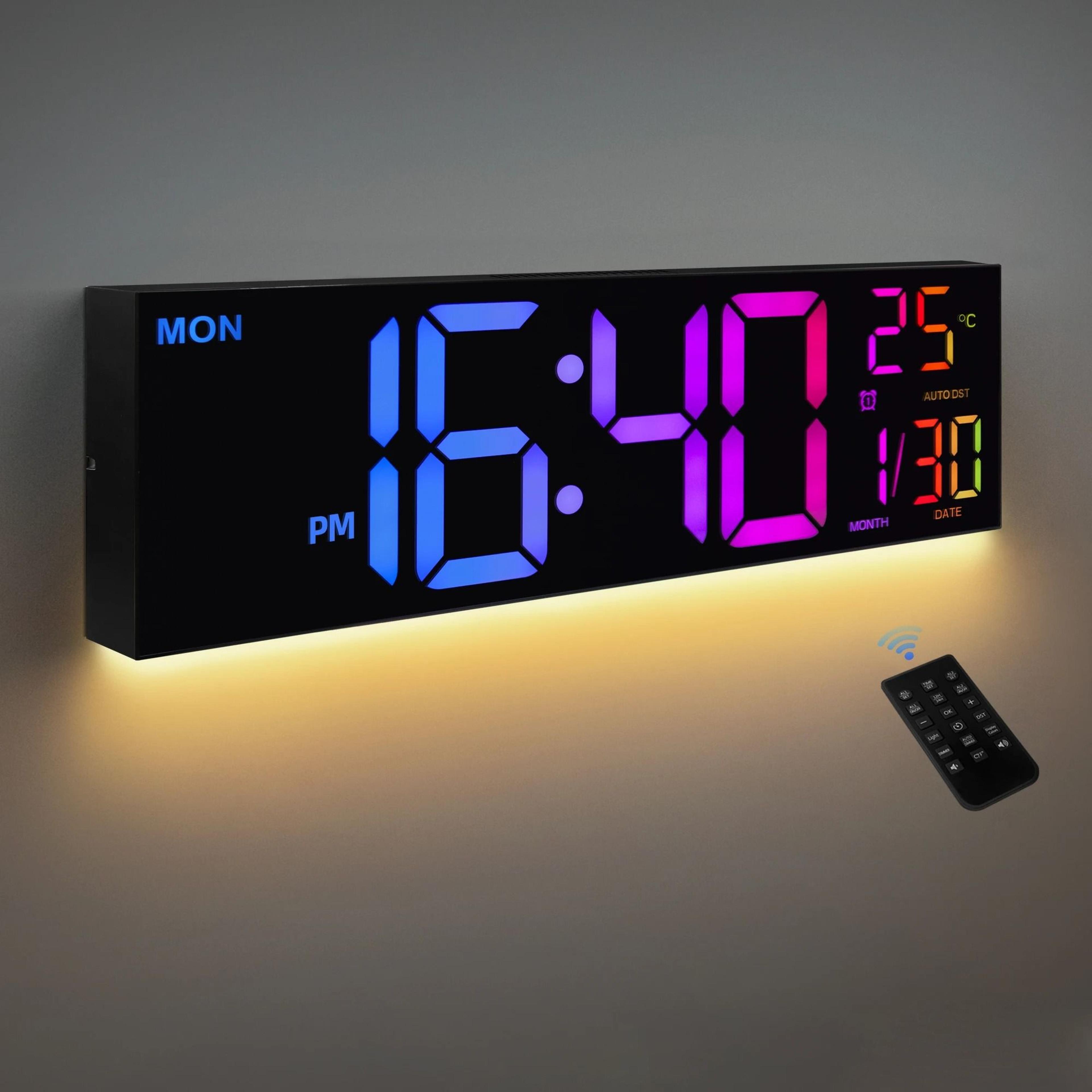 large led digital wall clock with remote rgb display temperature and alarm for home