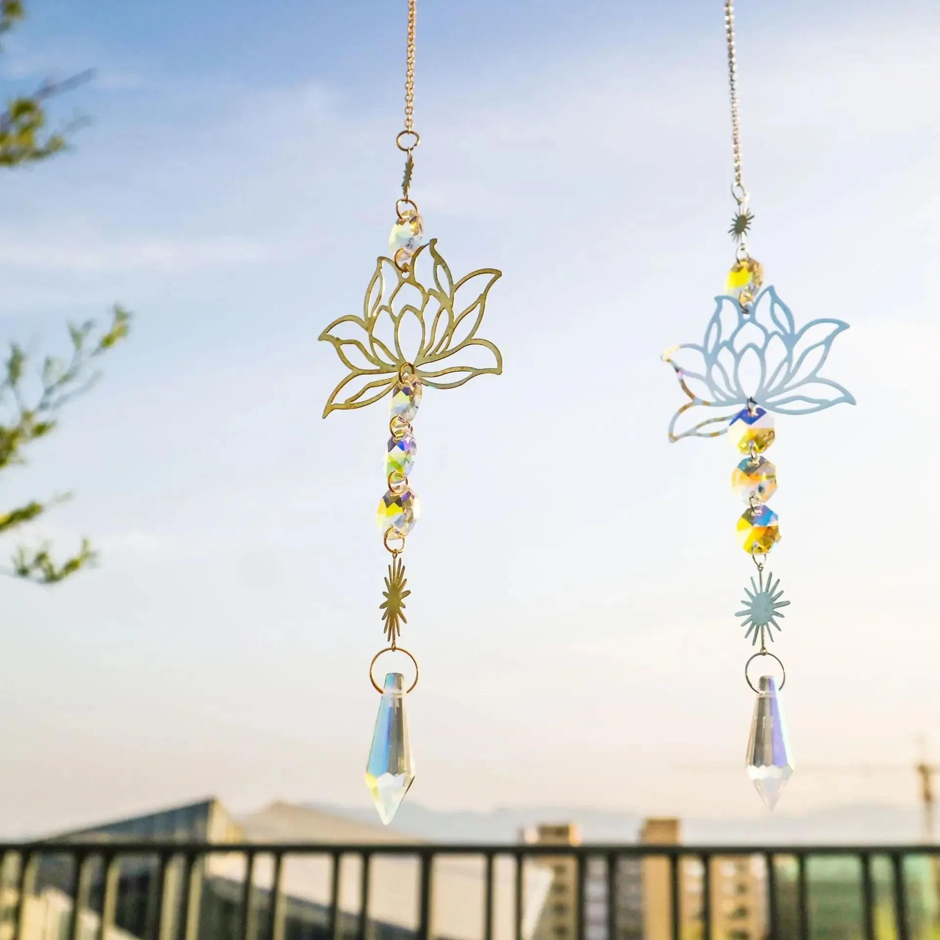crystal suncatcher lotus wind chime pendant metal garden hanging decor