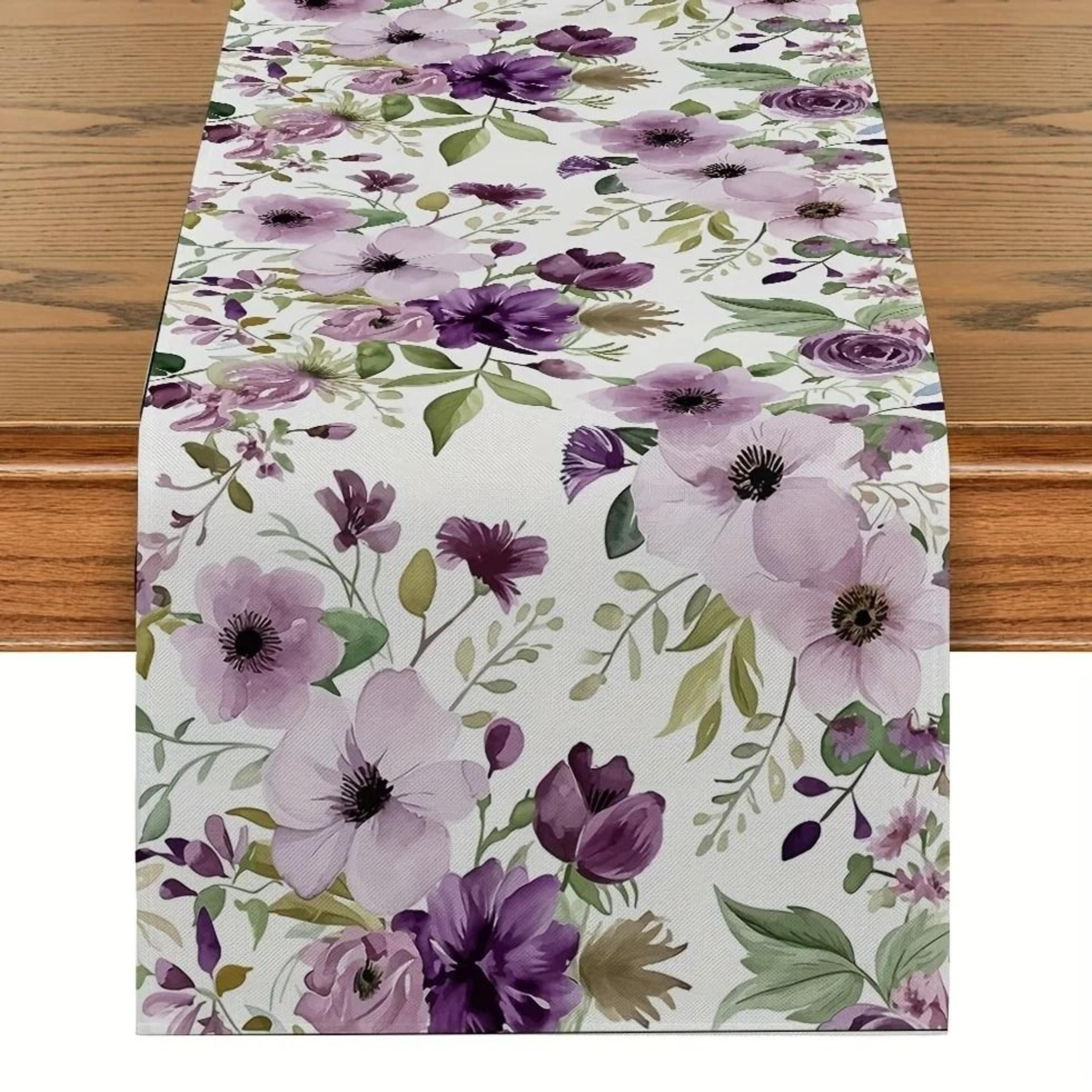 watercolor floral linen table runner green plant dining table decor