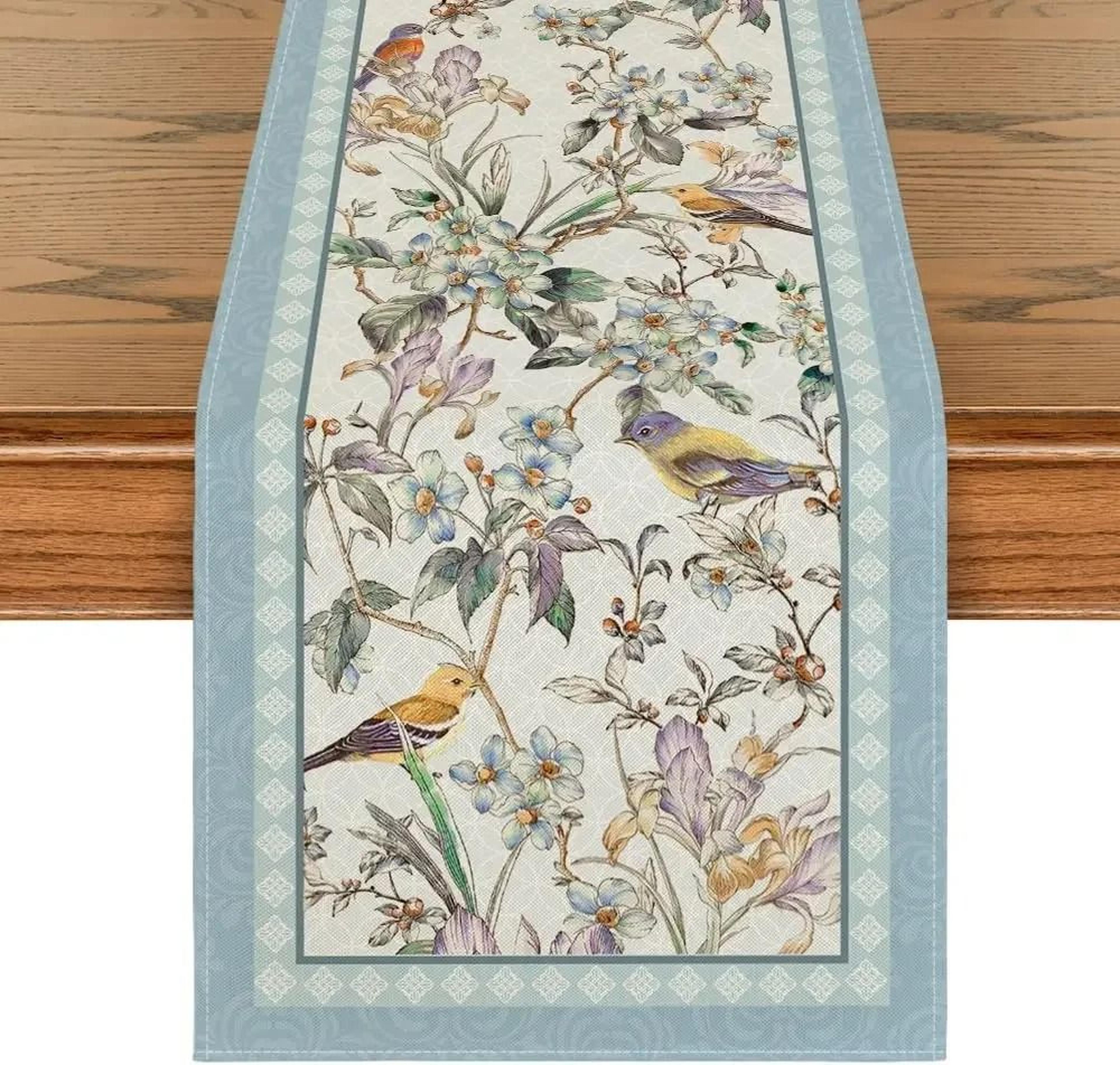 blue bird floral linen table runner elegant dining table decor