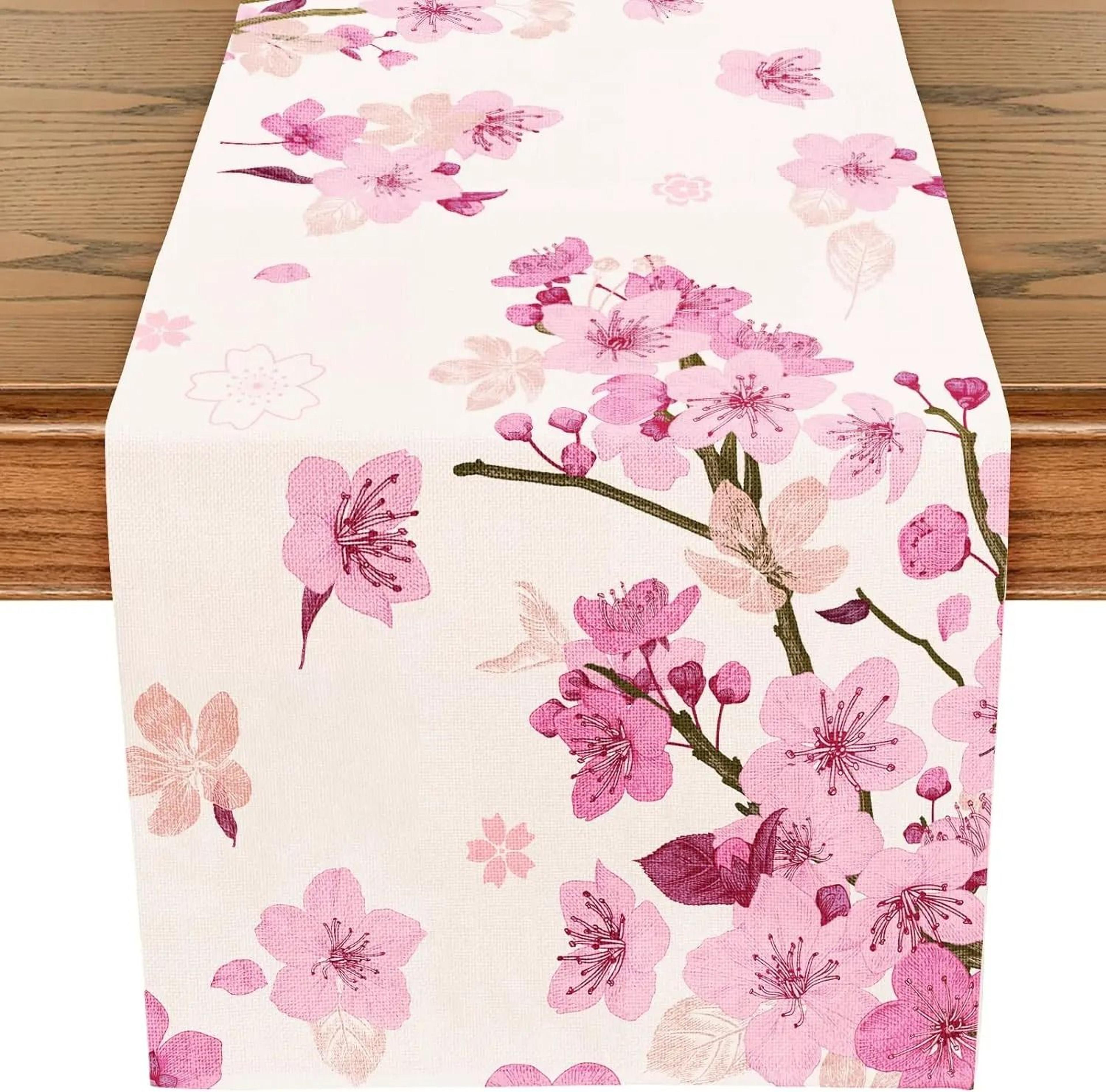 cherry blossom linen table runner spring farmhouse wedding dining table decor