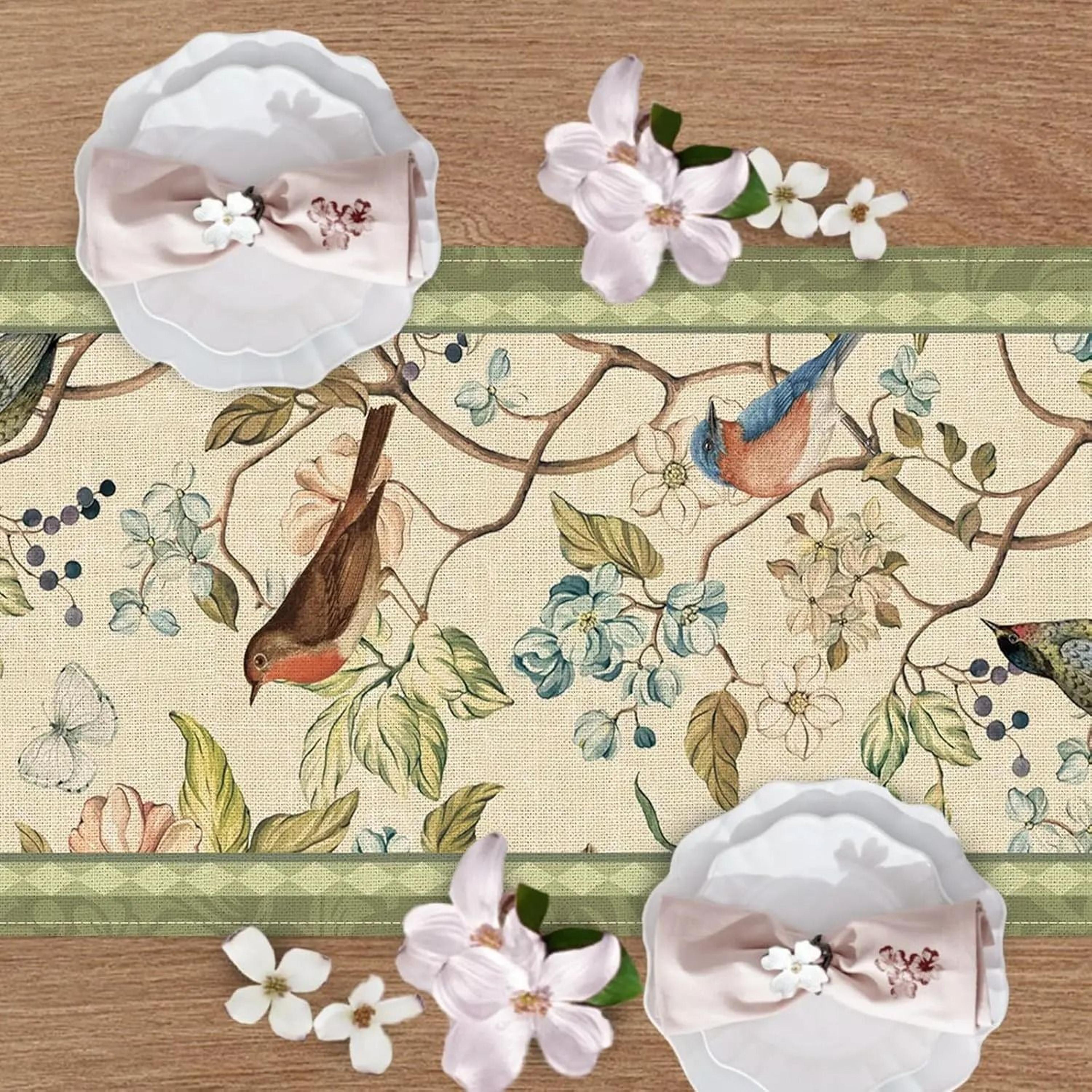 vintage floral bird linen table runner farmhouse dining table decor