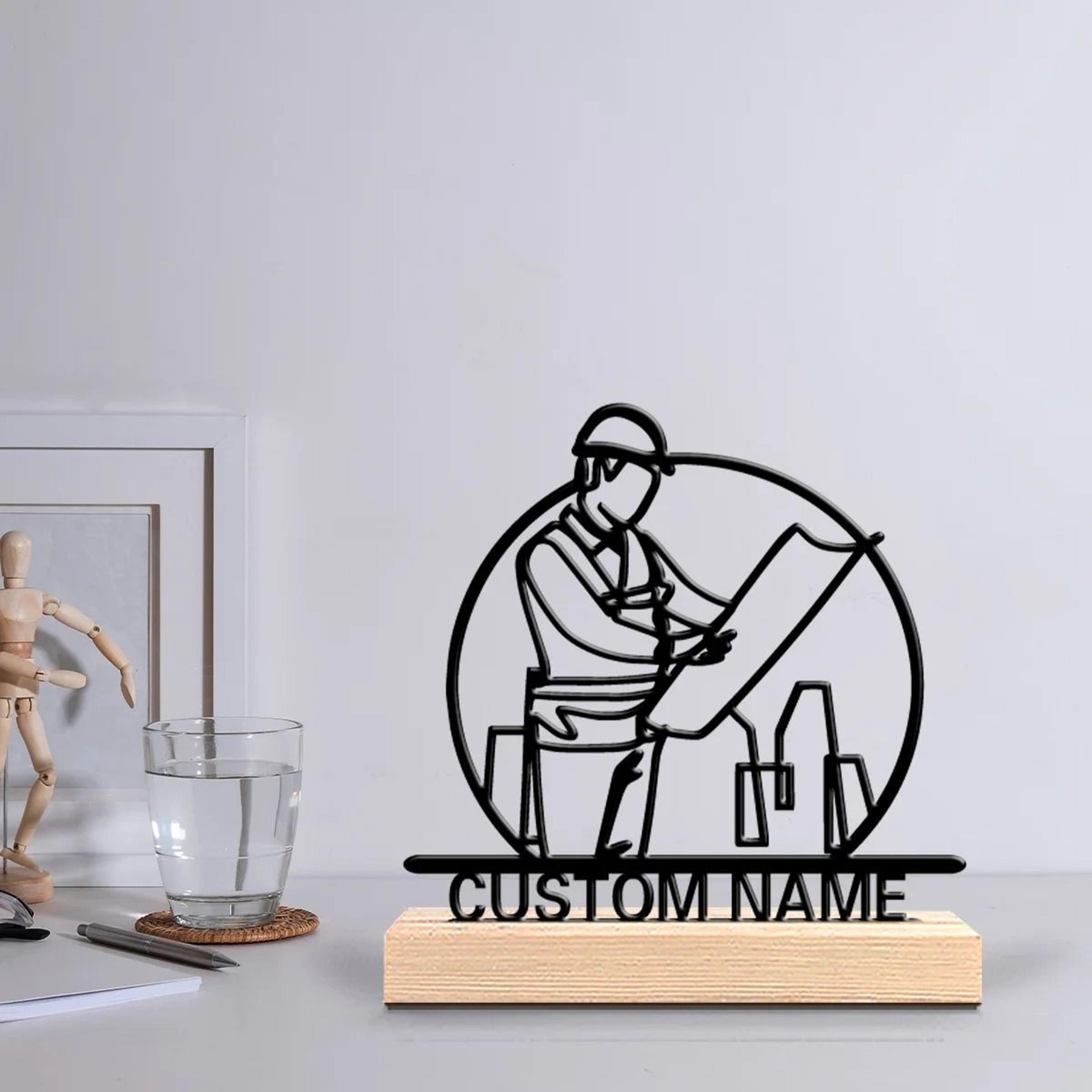 personalized architect metal statue desk decor with wooden base office sculpture