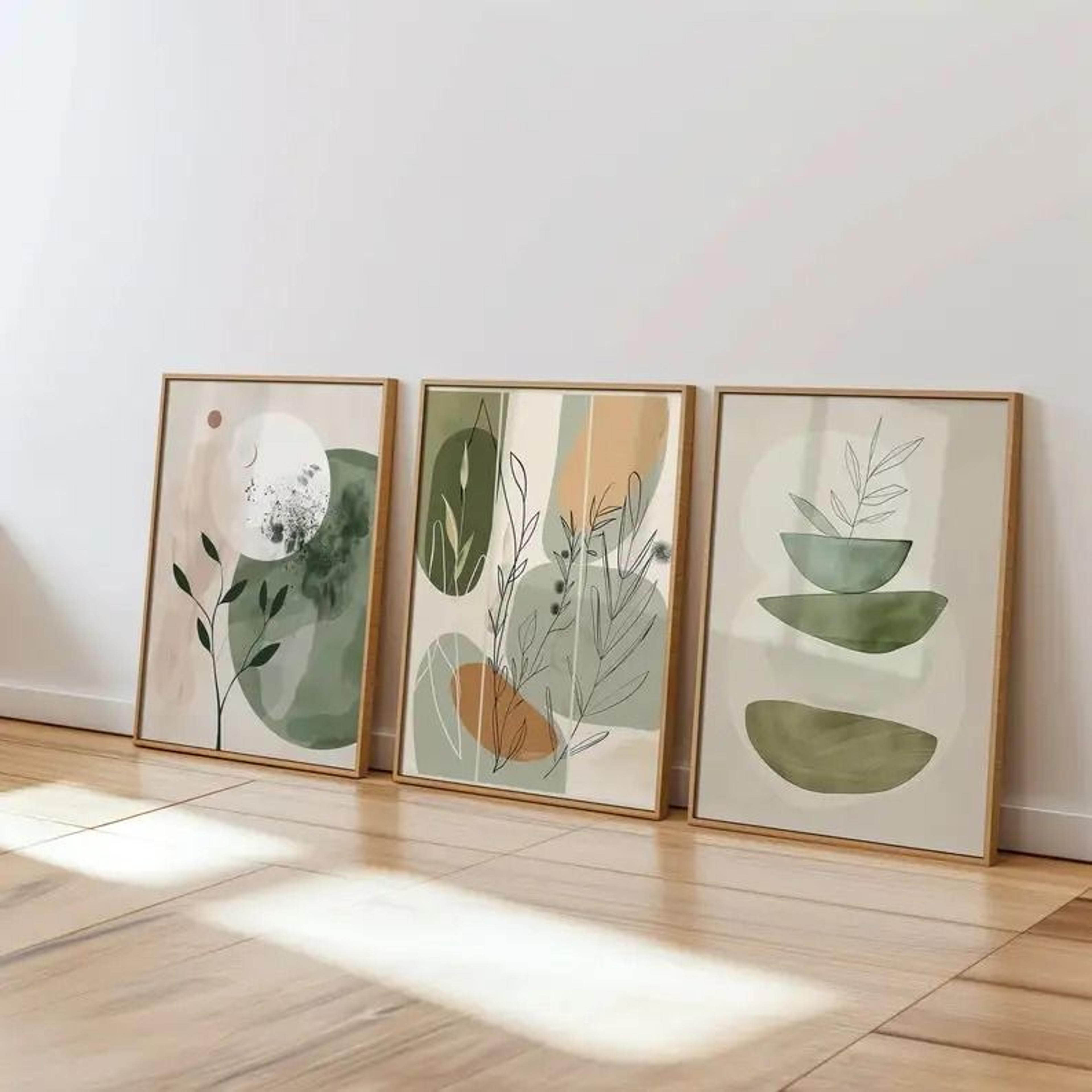 bohemian plant canvas prints set earth tone minimalist wall art decor