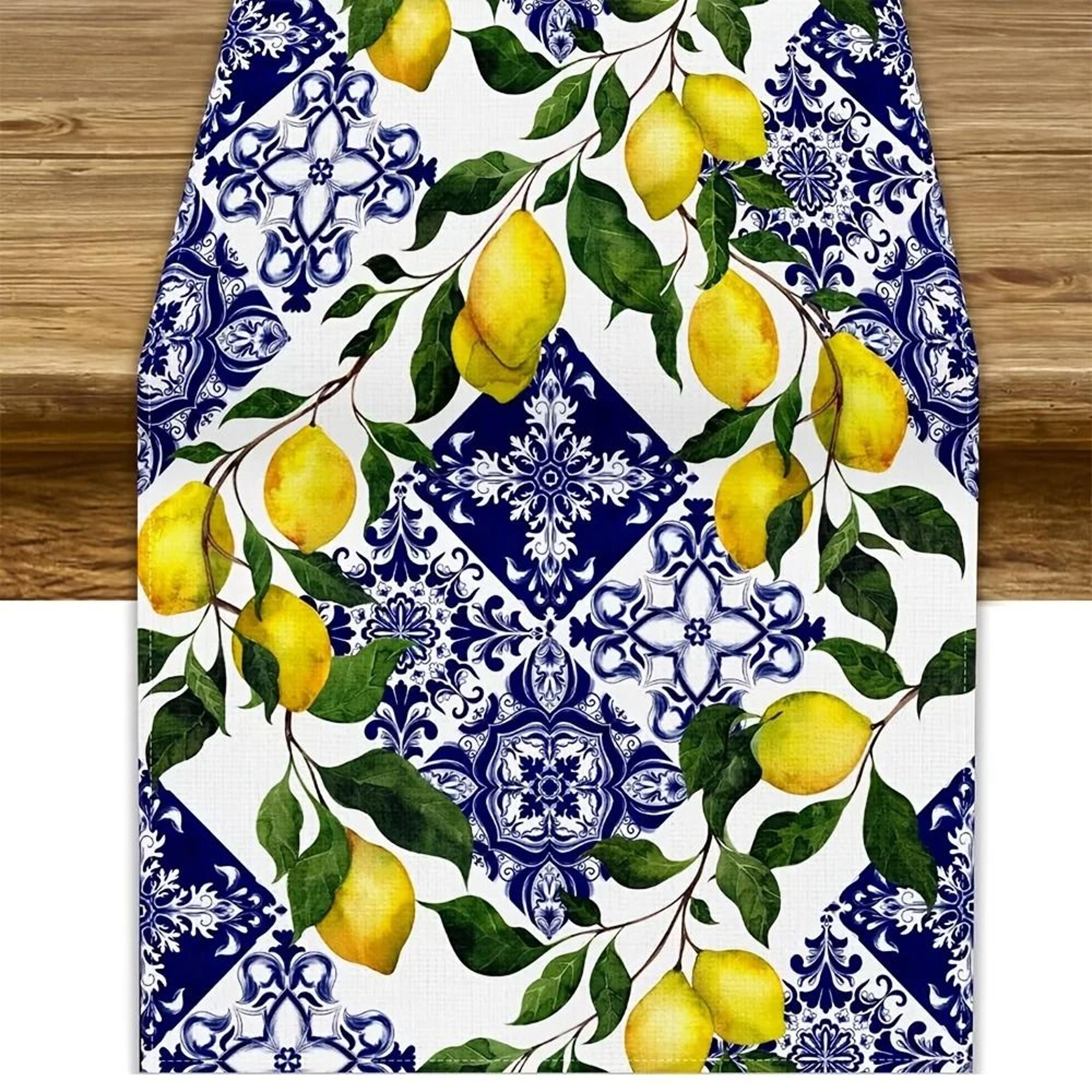 blue tile lemon linen table runner summer table decor farmhouse style