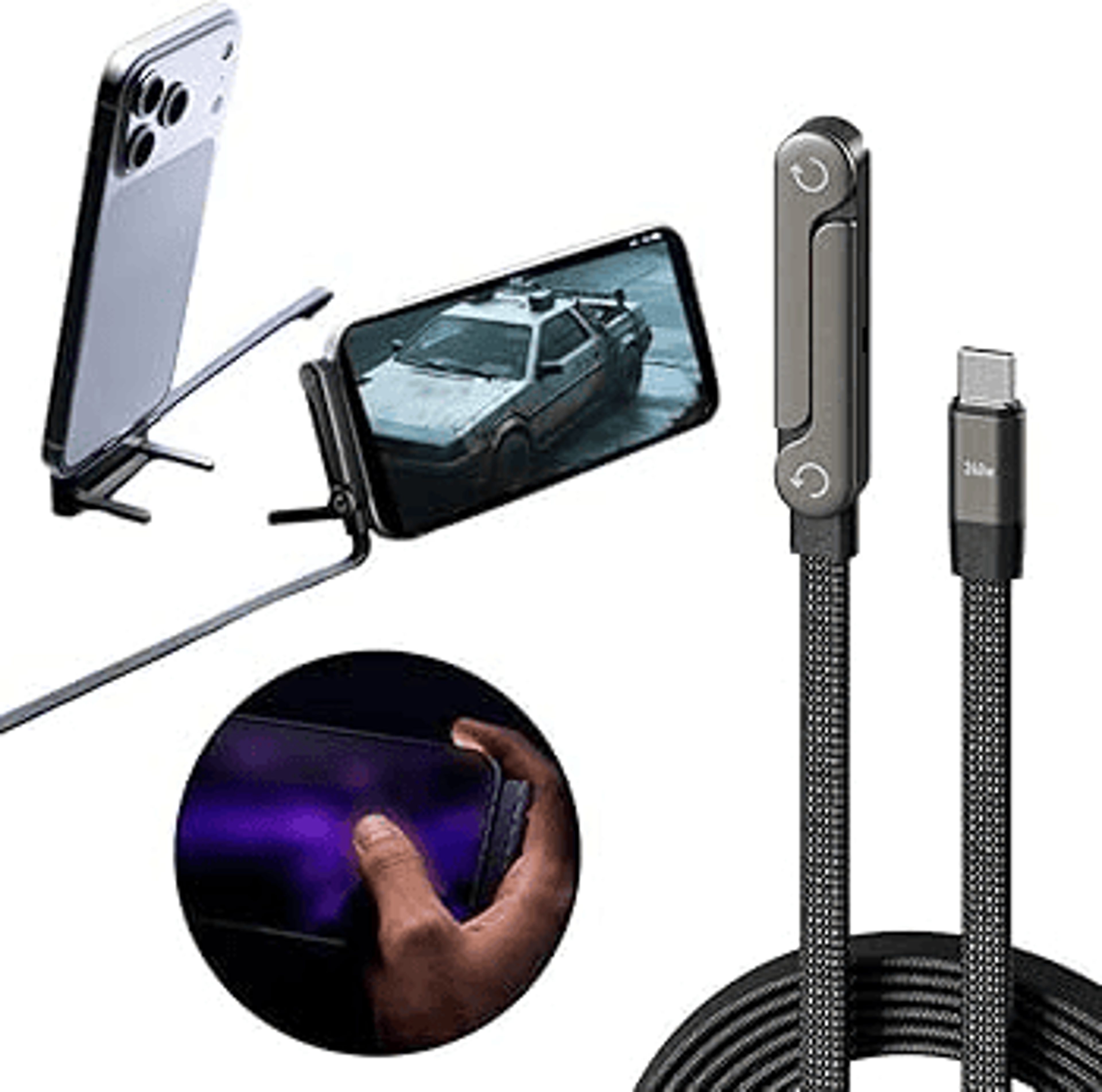 240w fast charging cable with foldable phone holder 2 in 1 stand
