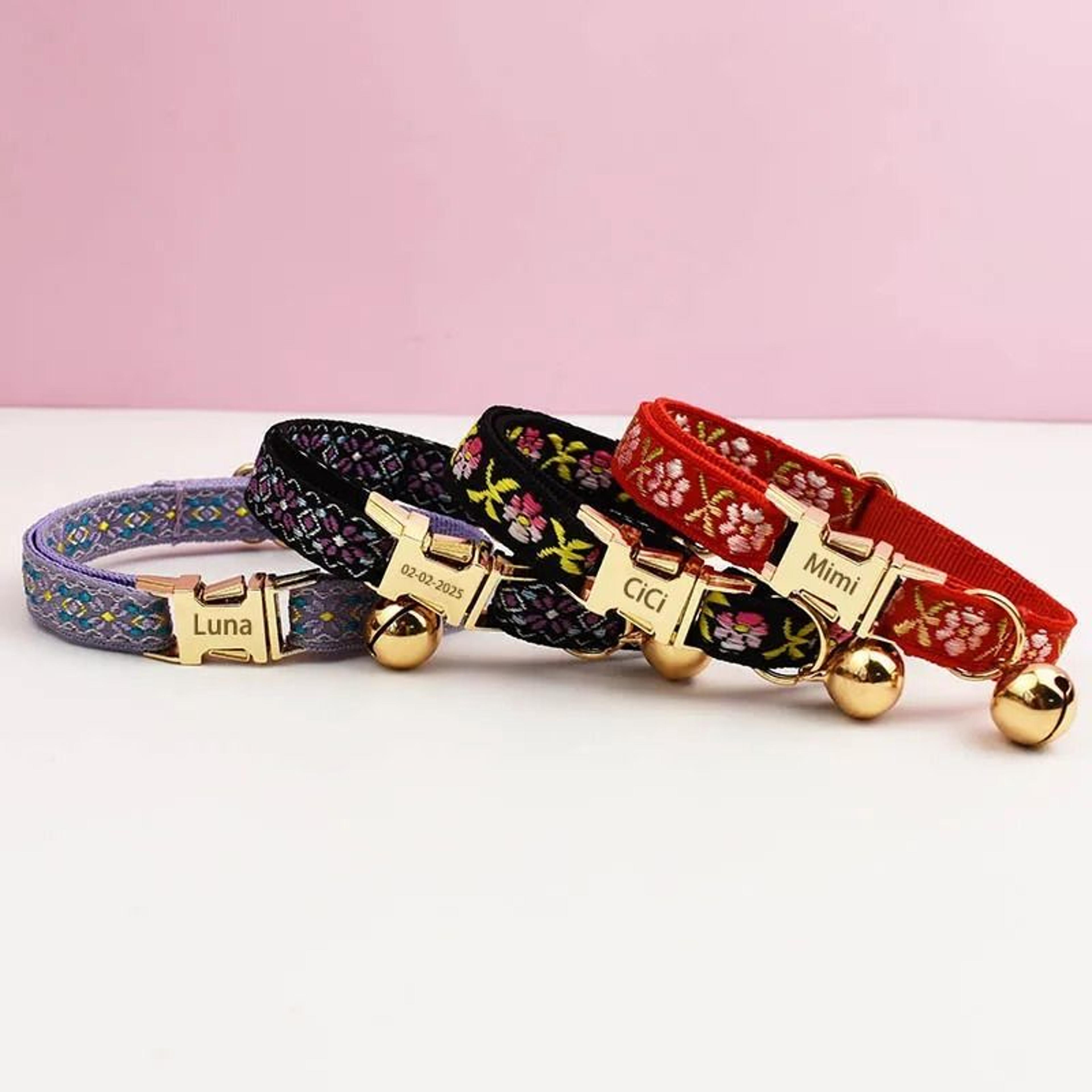 personalized cute cat collar and leash set with engraved id tag and bell