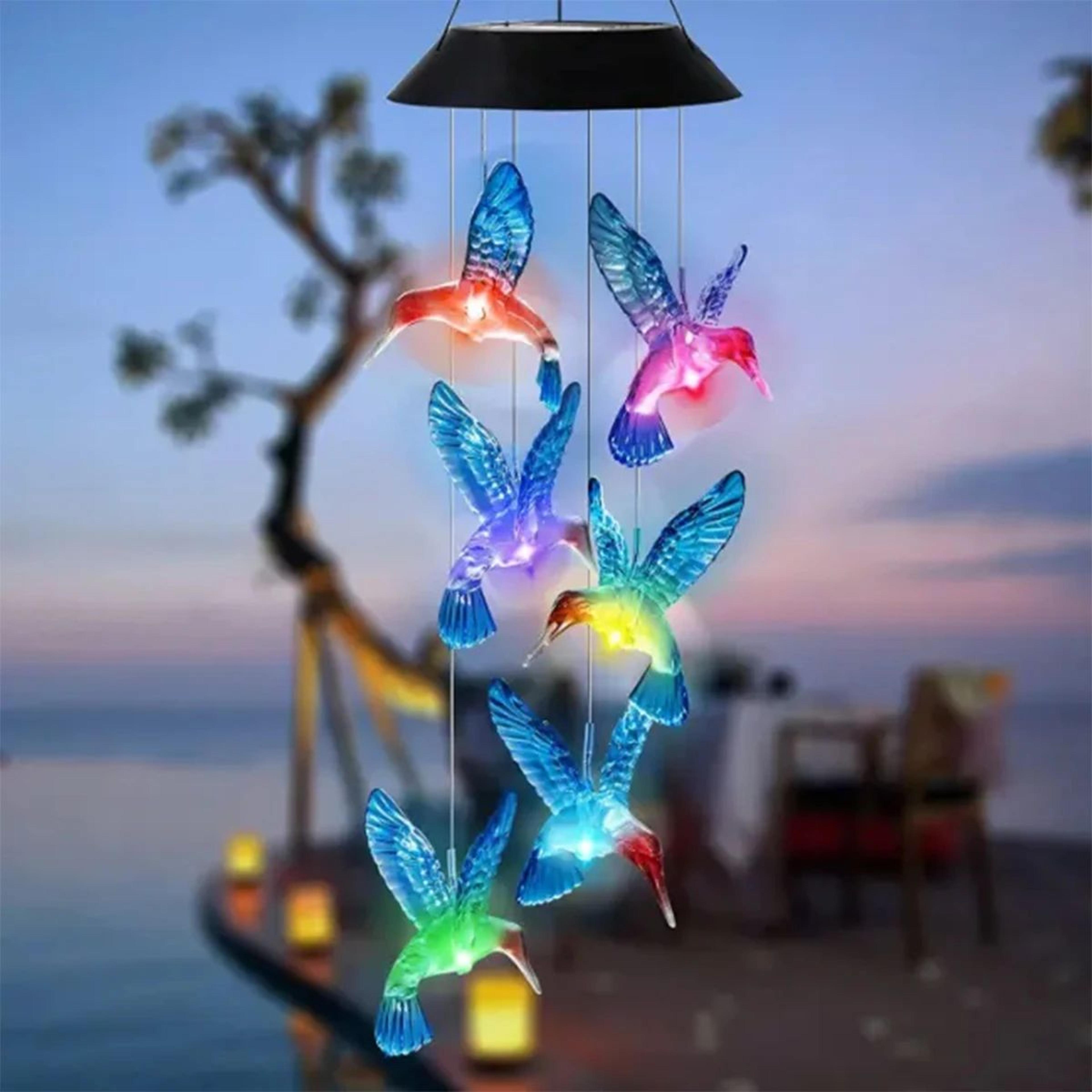 waterproof hummingbird solar wind chime light, led color-changing lantern for outdoors
