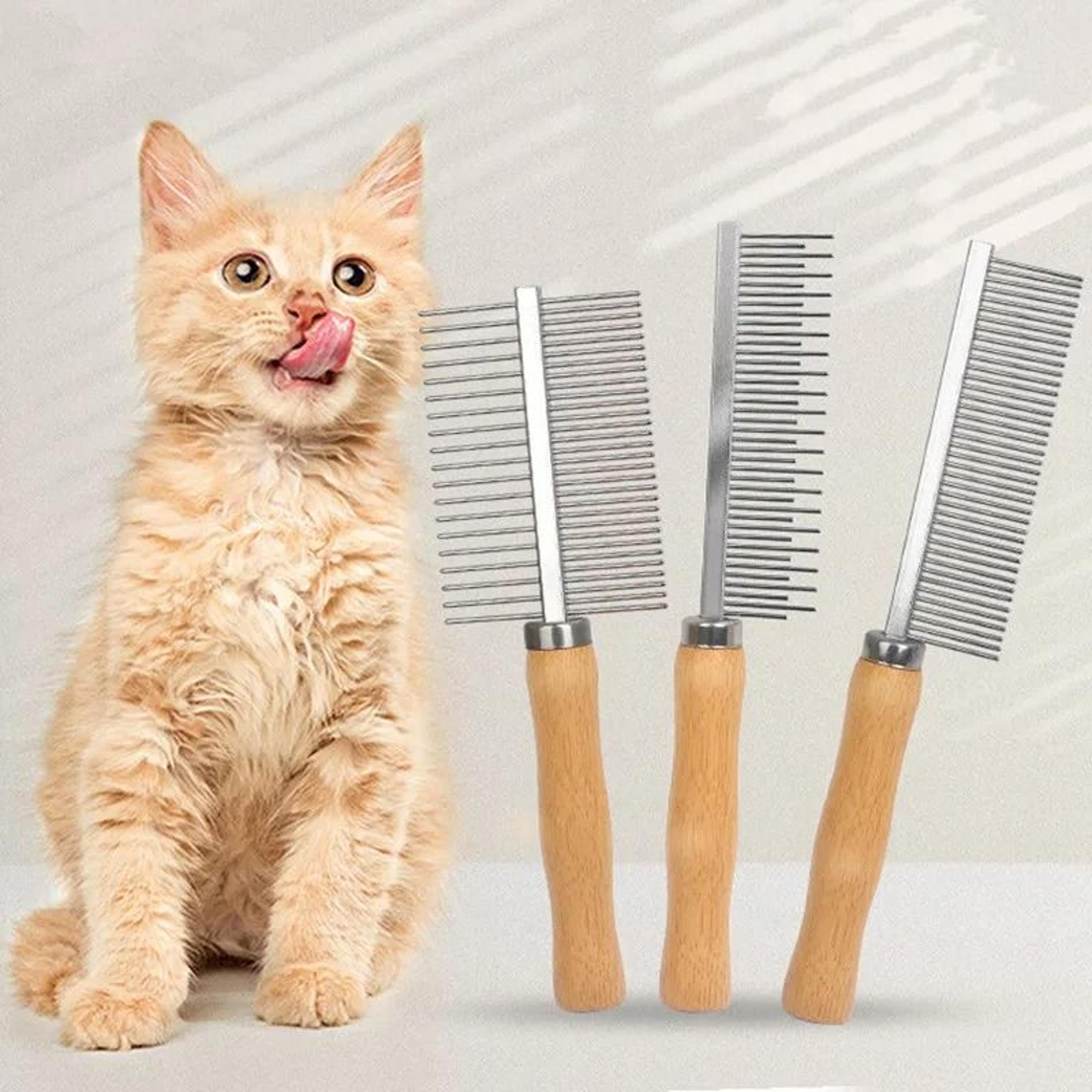 stainless steel cat comb with wood handle for pet hair removal