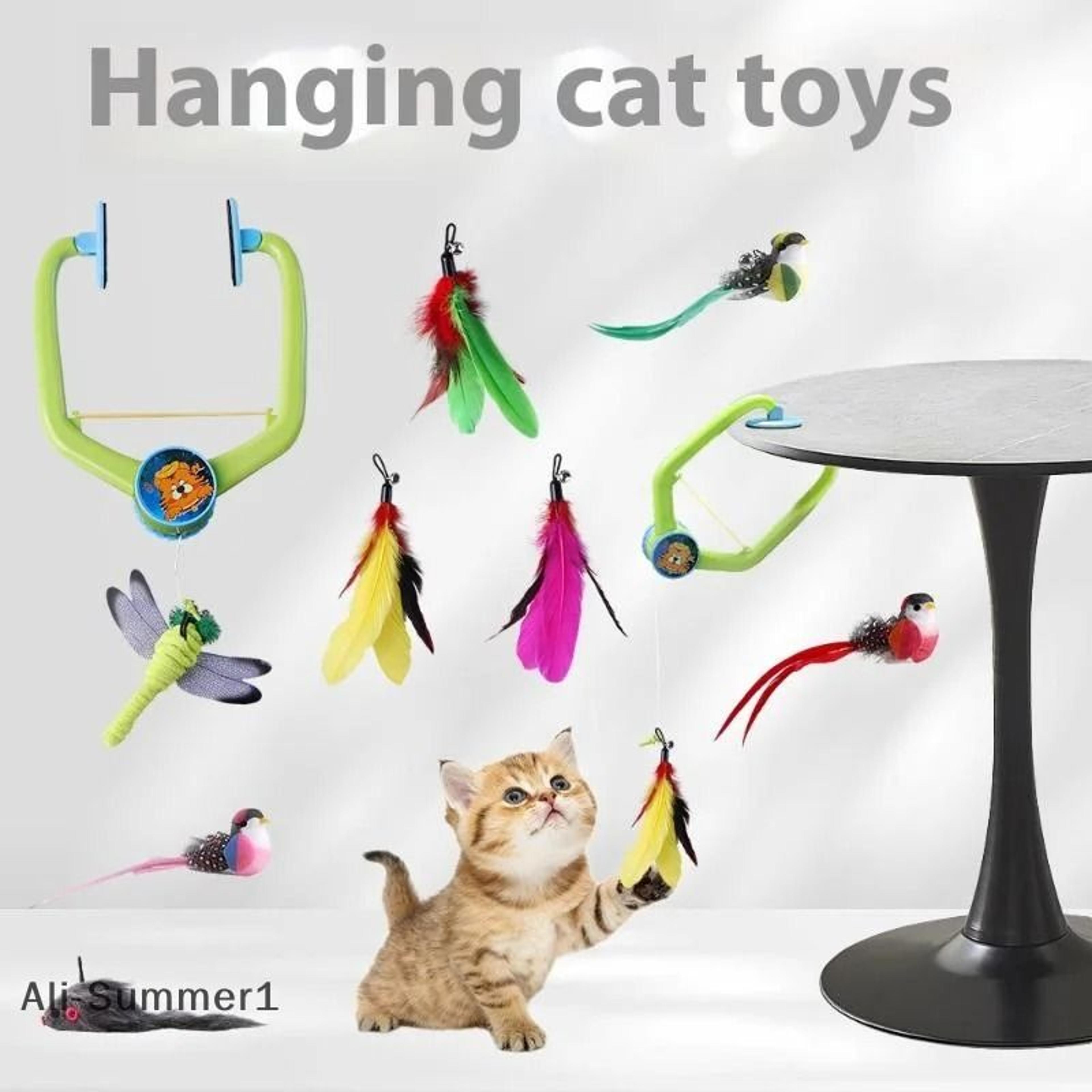 interactive door hanging cat toy with swinging feathers and replaceable prey attachments