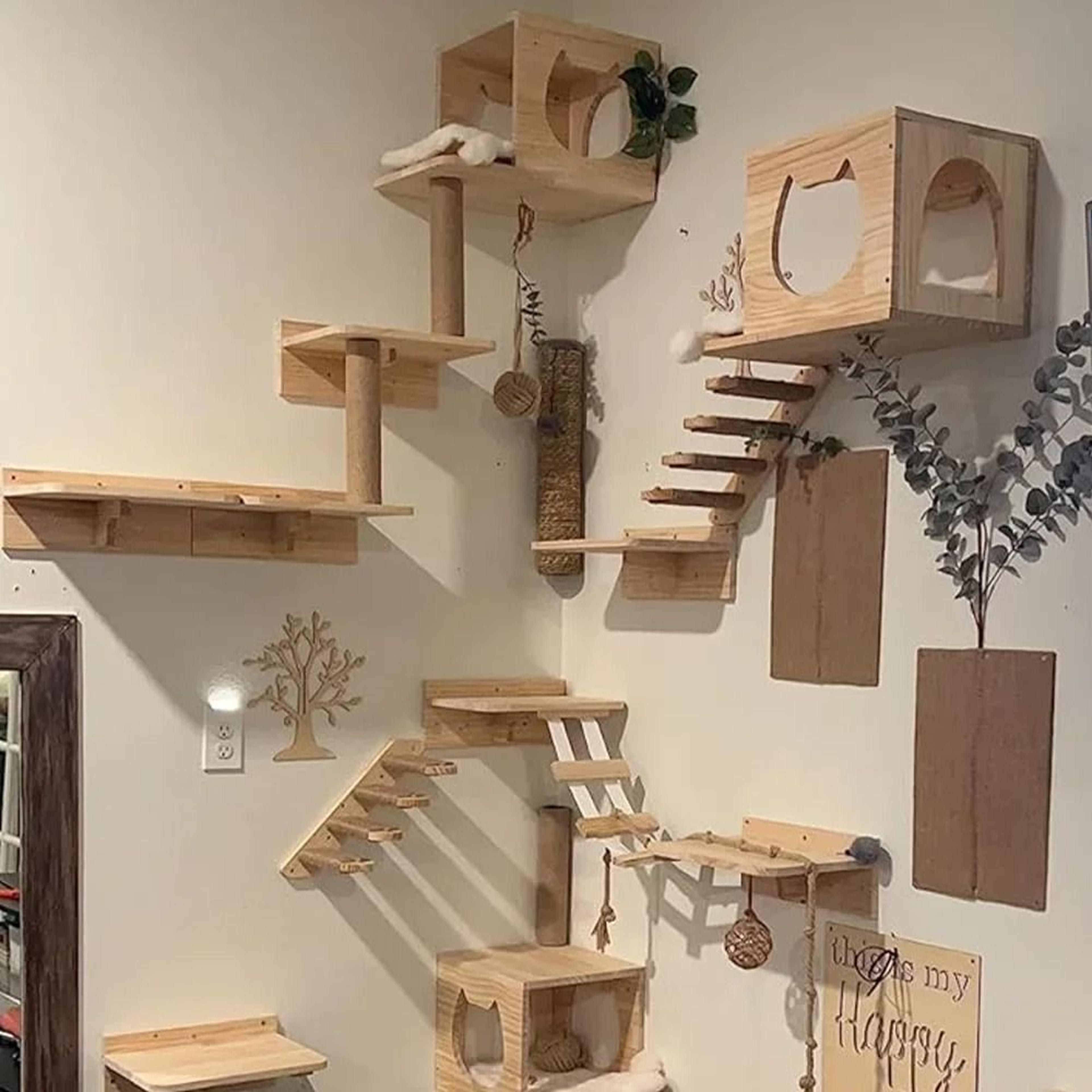 wall mounted cat climbing shelves with hammock steps and wooden jumping platforms